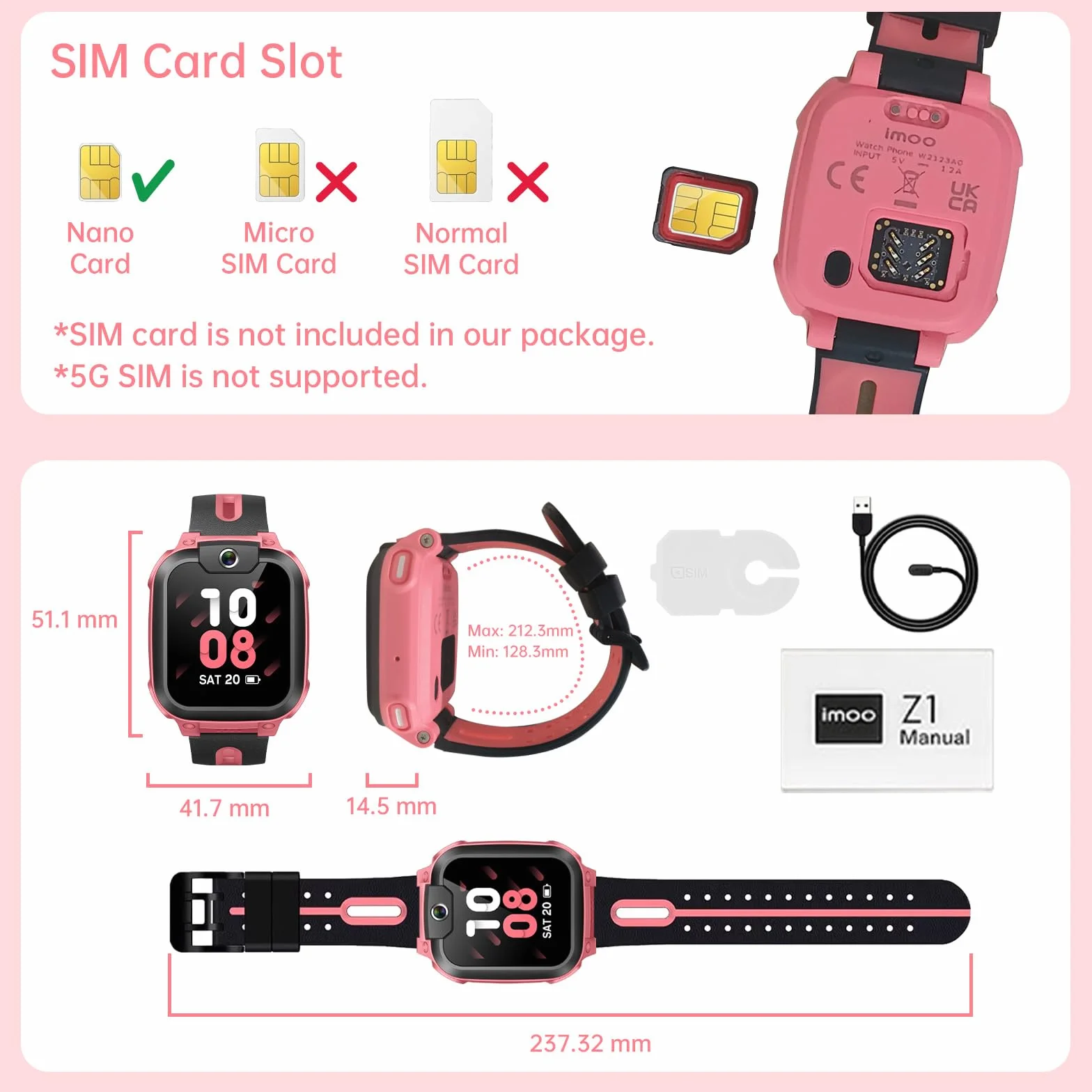 imoo Watch Phone Z1, Smartwatch dla dzieci z GPS z kartą SIM, Smartwatch dla dzieci z długotrwałym połączeniem wideo i telefonicznym, Wodoodporność IPX8 (Różowy)