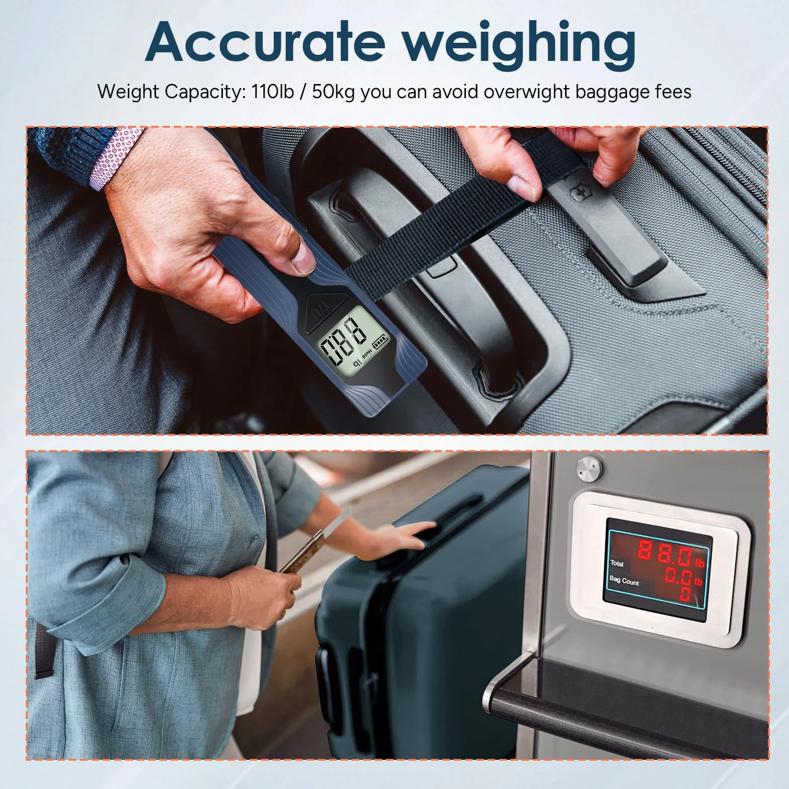 travel inspira Waga podróżna bez baterii, cyfrowa waga podróżna z wyświetlaczem LCD, waga bagażowa do 50 kg/110 lb, cyfrowa waga bagażowa z haczykiem, tara, automatyczne wyłączanie, do podróży i
