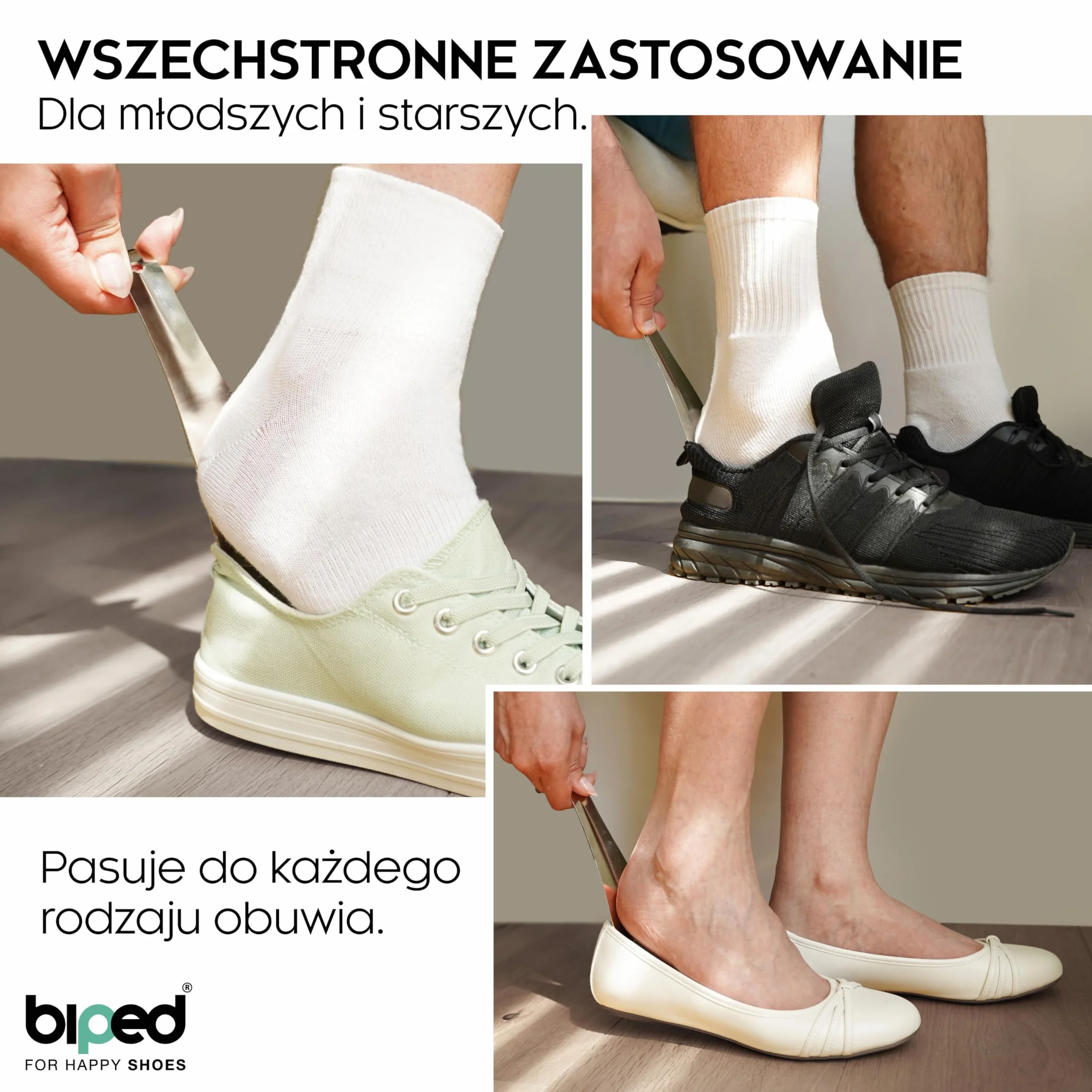 biped metalowa łyżka do butów - stabilna łyżka do butów o długości 16 cm - z haczykiem i otworem do praktycznego zawieszenia - ergonomicznie ukształtowana metalowa łyżka do butów
