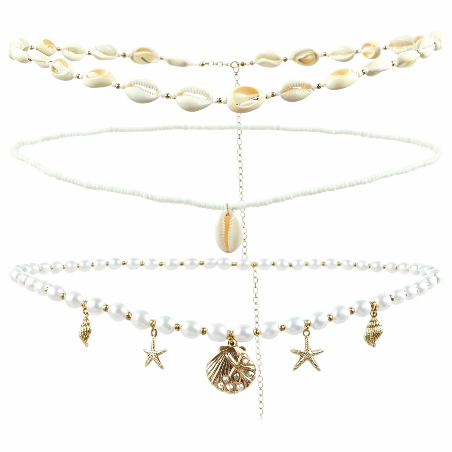 3 sztuki złotych damskich łańcuszków na brzuch, rozgwiazda, muszla, perła, regulowany pasek na szyję, bikini, w stylu boho, na plażę, urlop, letnią imprezę, kilka warstw