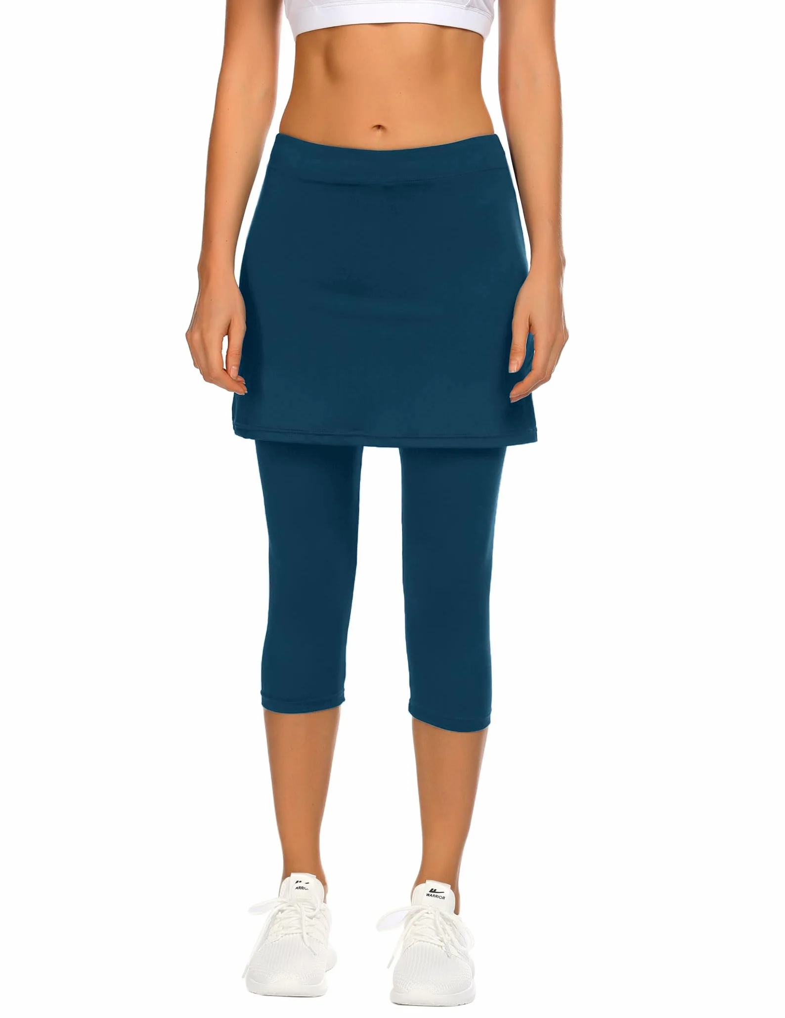PINSPARK Spódnica tenisowa damska z wysoką talią, ze spodniami, długość do kolan, spódnica do spodni 2 w 1, do biegania, Skort, wąska, Capris Gym 3/4, spodnie do jogi z kieszeniami i przyłączem na