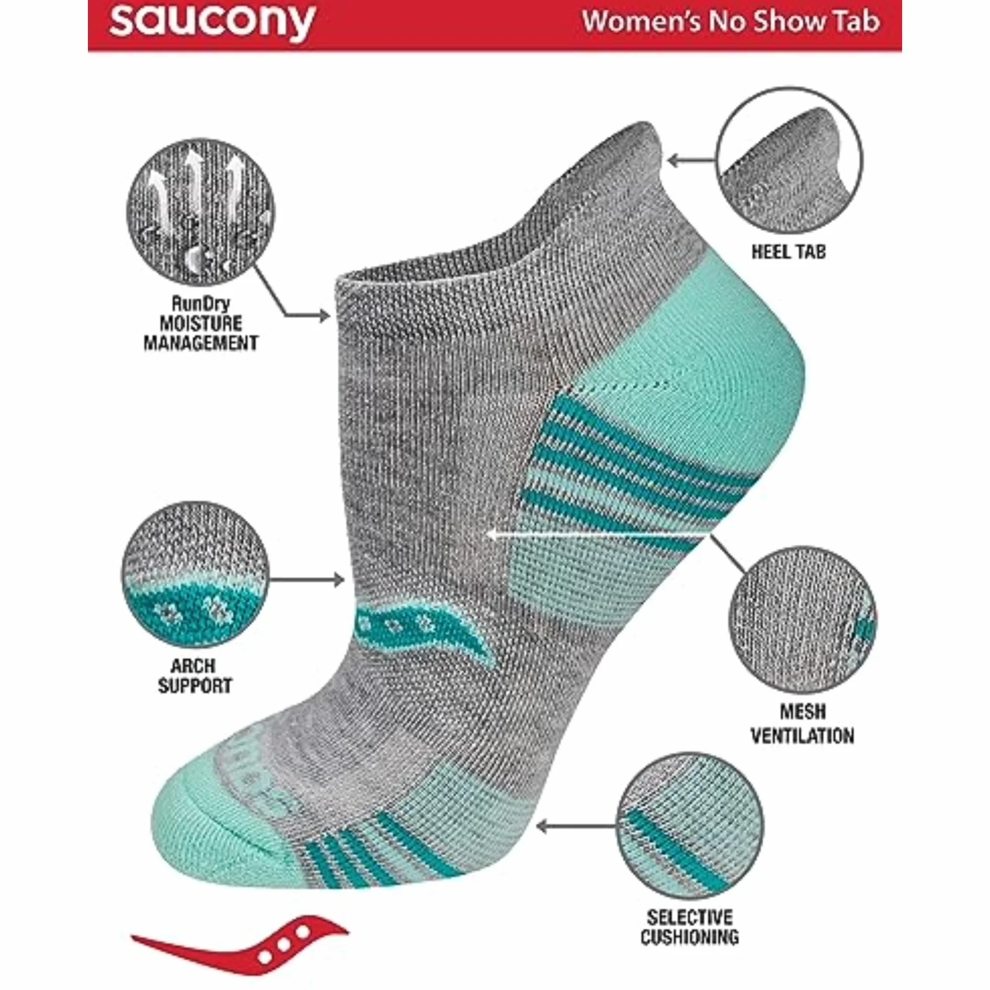 Saucony Damskie skarpety sportowe Rundry Performance Heel Tab Athletic Socks, dostępne w rozmiarach S-L (8, 16, 24 pary), Szary różne (8 par), Medium