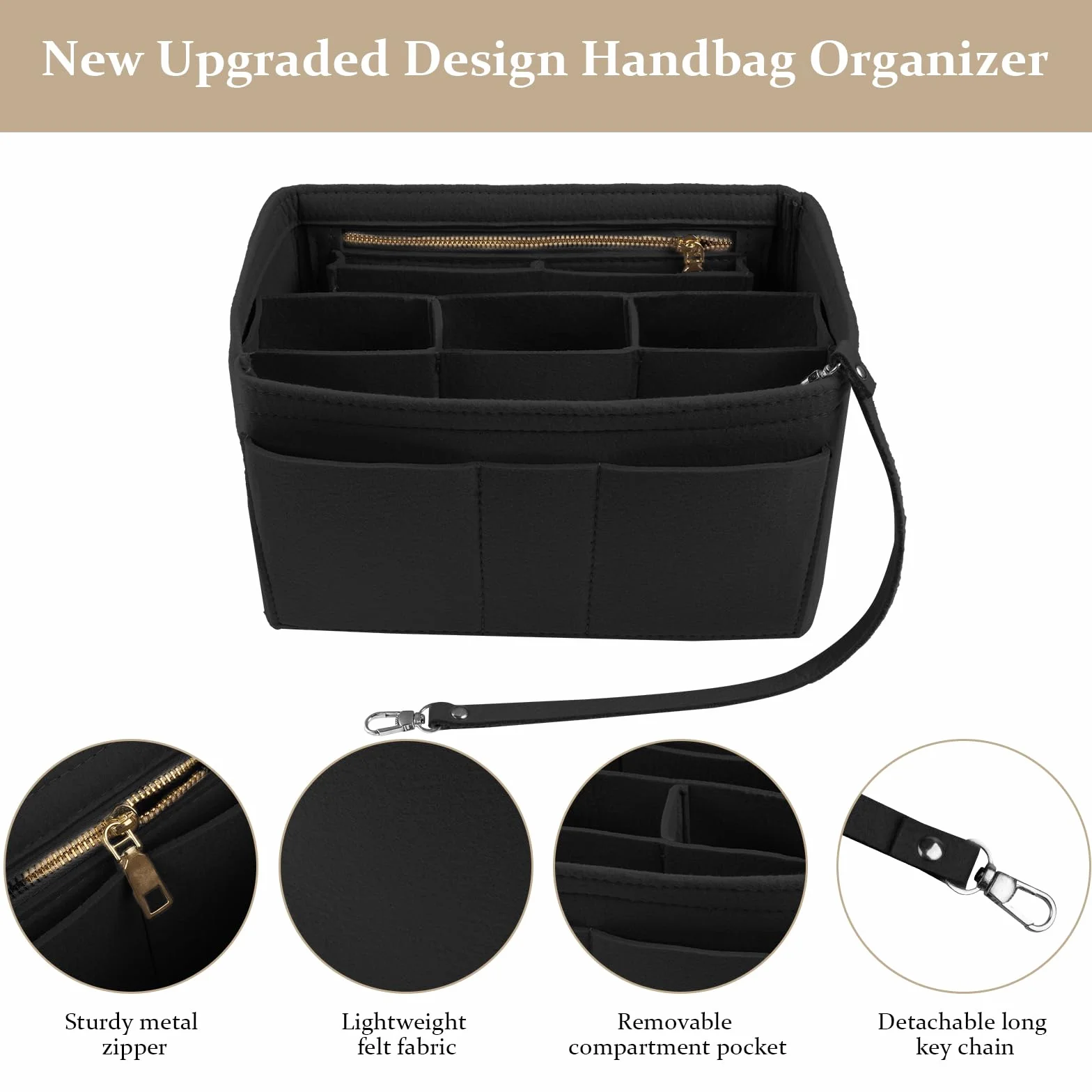 flintronic Filcowy organizer do torebki, organizer do torby na zakupy, torebka z wieloma przegródkami, duża pojemność, dla kobiet, podróżny organizer do makijażu, torba do przechowywania, czarny,