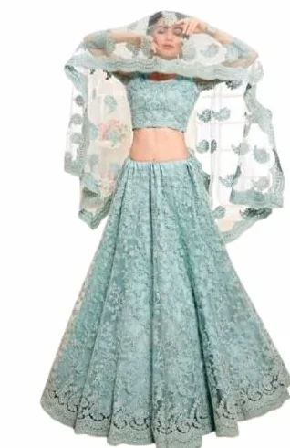 Lehenga Choli damska siatkowa haftowana niebieski proszek rozmiar uniwersalny