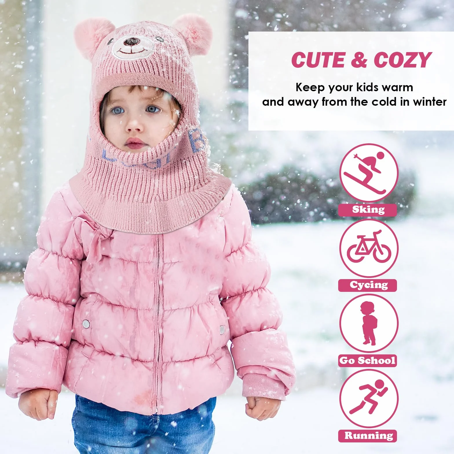 Dziecięca czapka dla dziewcząt i chłopców, ciepła czapka z podszewką polarową, urocza, wiatroszczelna, z pomponem, beanie, szal