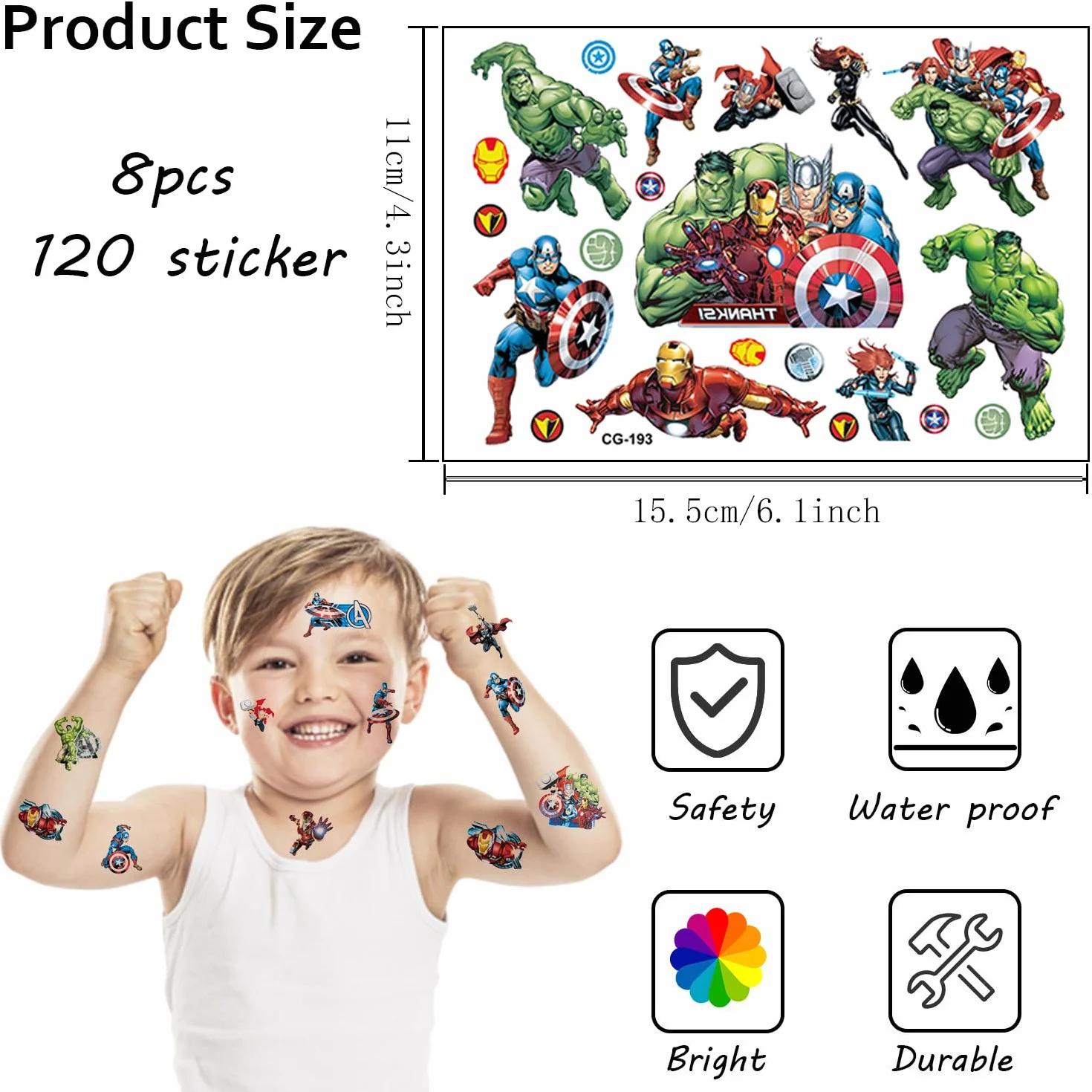 Tatuaż dla dzieci Superbohaterowie Spiderman Marvel Tattoo, 8 arkuszy superbohaterów, zestaw tymczasowych tatuaży Supermana, wodoodporne, na prezenty urodzinowe dla dzieci urodziny dziecka, upominek