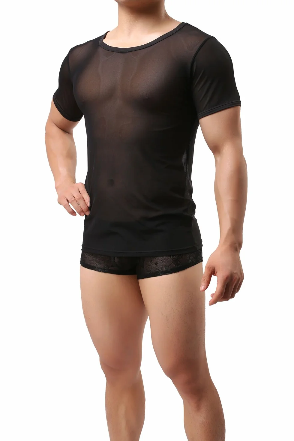 Koszulka męska, przezroczysta, czarna, siatkowa, tank top, bielizna nocna, męska, seksowna, z siateczki, przezroczysta górna część
