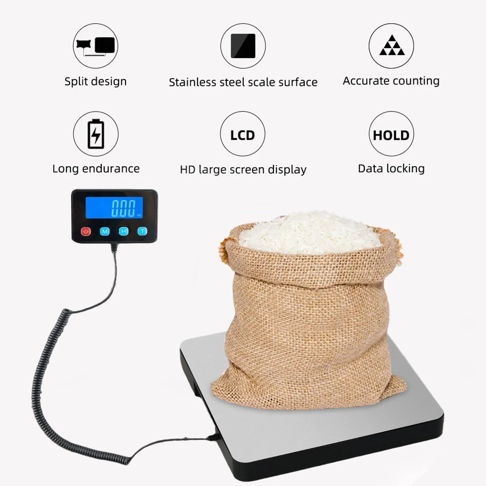 Cyfrowa waga paczkowa, 200 kg/10 g, waga platformowa, stal nierdzewna, skala pocztowa, z zewnętrznym podświetlanym wyświetlaczem LCD na ścianie, 30 x 30 cm