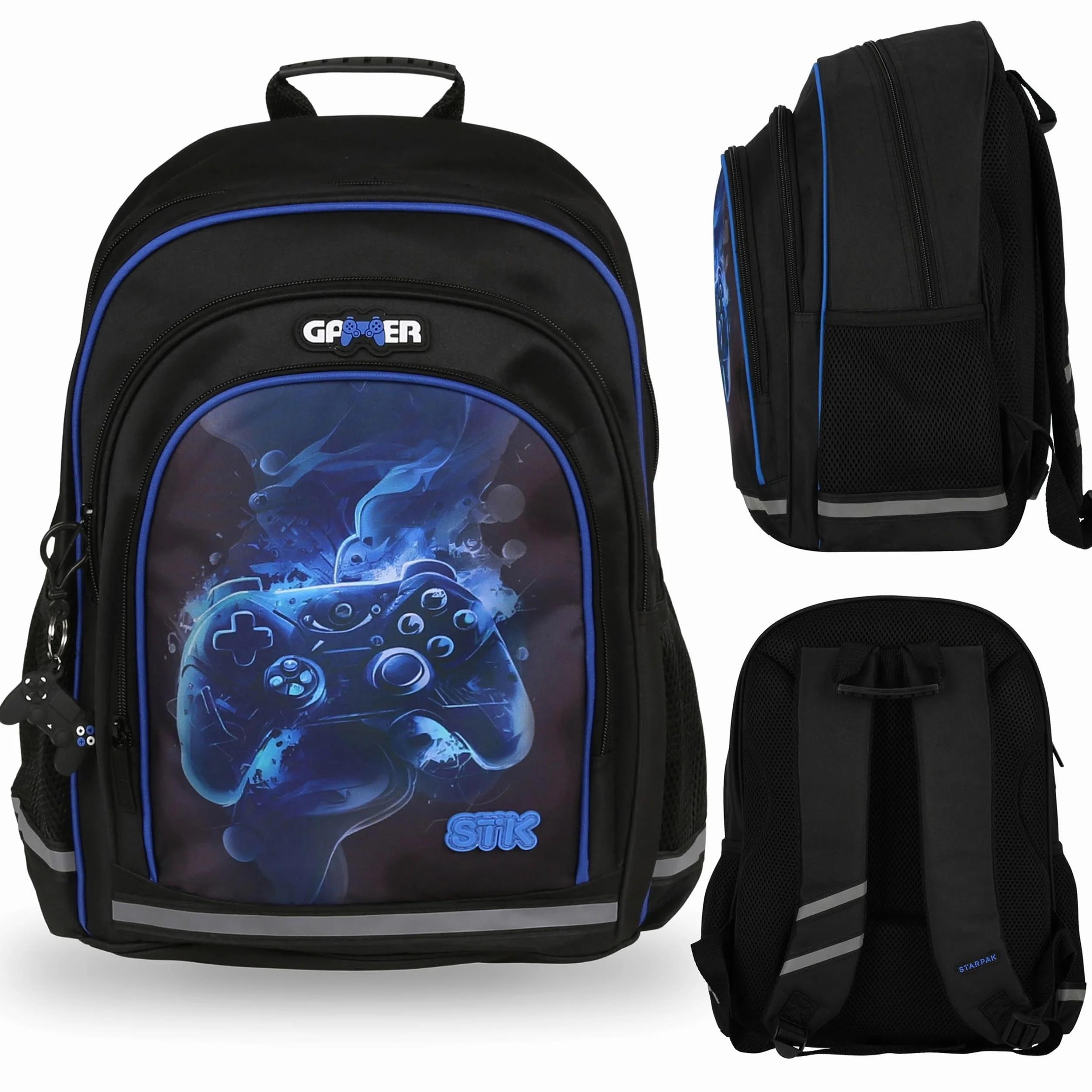 Niebiesko-czarny, USZTYWNIANY plecak szkolny dla chłopca, z odblaskami, dla gracza gamepad 40x29x20cm, 23l (Czarno-niebieski Gamer)