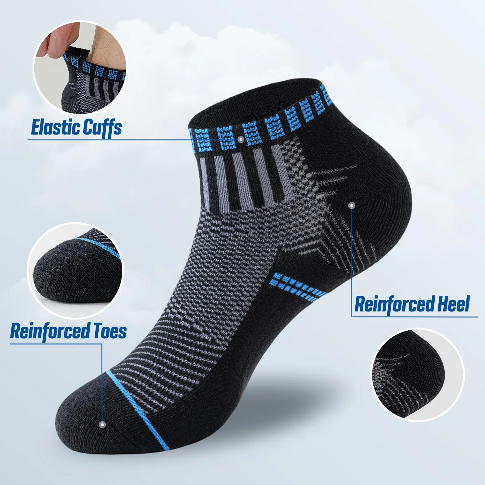 SockWaddles Skarpetki Treningowe, Antywysięgnikowe Skarpetki z Bawełną, Oddychające Skarpetki do Biegania, Męskie Skarpetki Antypoślizgowe z Amortyzacją, Krótkie Sportowe Skarpetki (6 par)