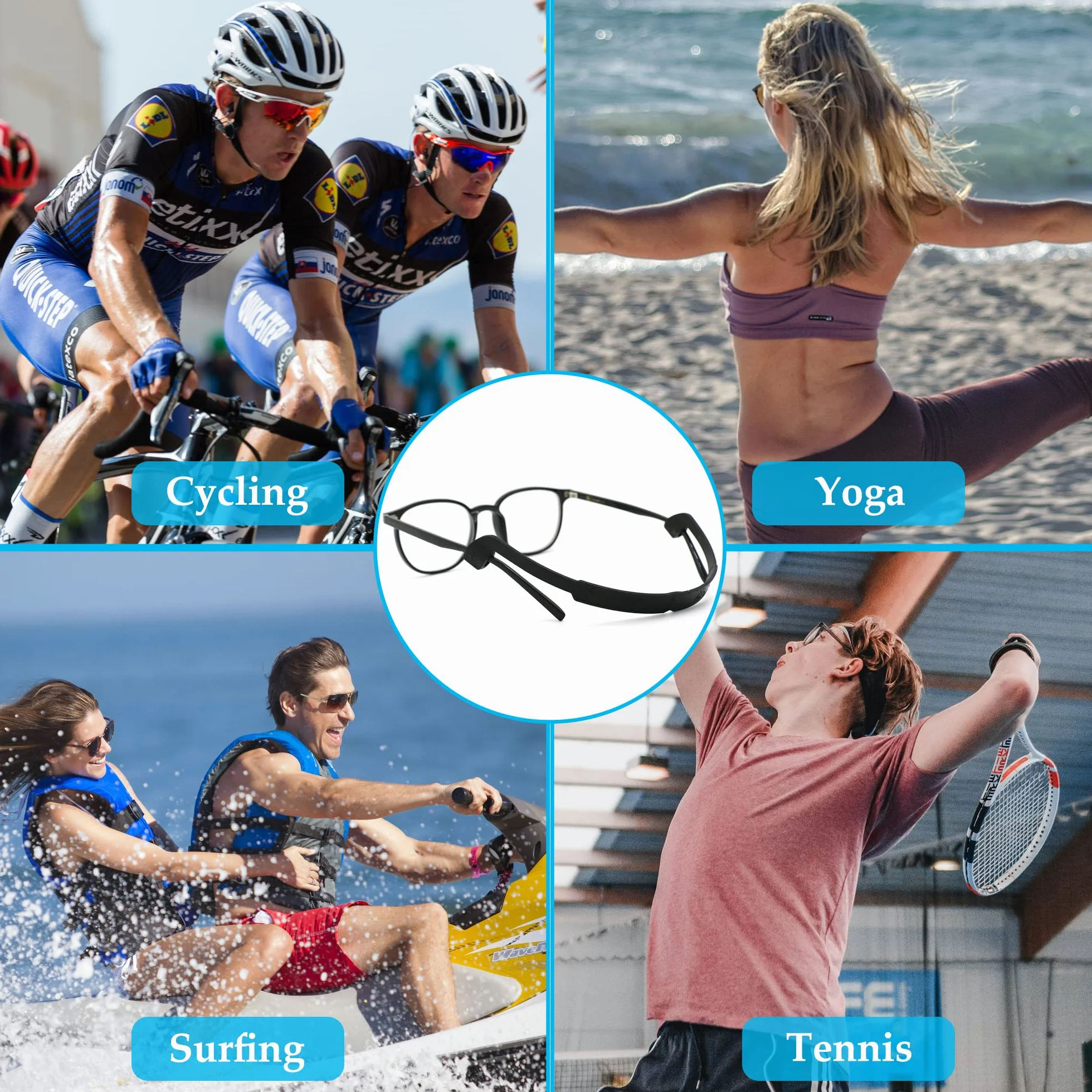 Pasek na okulary z 2 parami silikonowych poduszek na uszy, uchwyt na okulary do sportu i rekreacji, antypoślizgowy uchwyt na okulary sportowy pasek na okulary mężczyźni panie dzieci, czarny