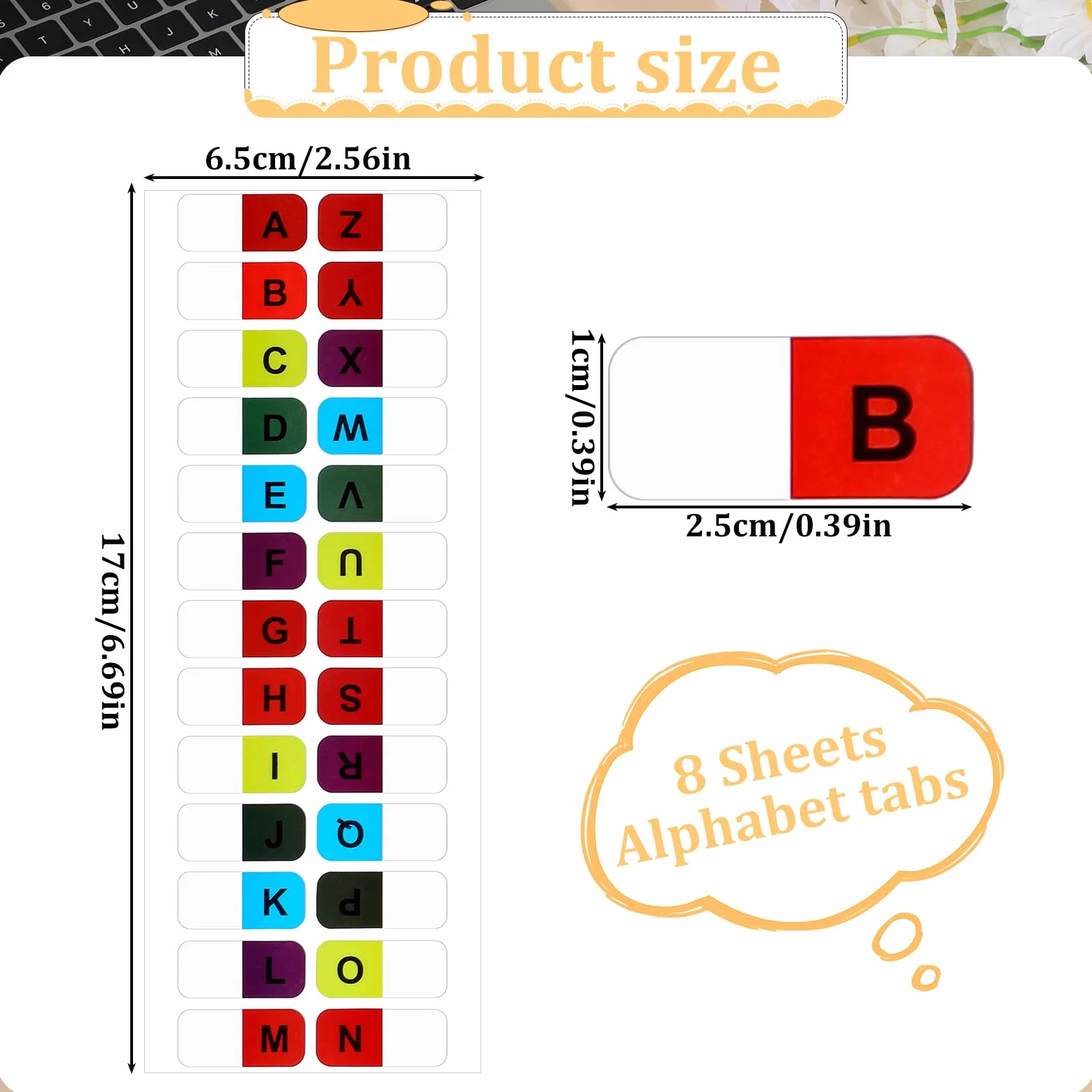 8 arkuszy A-Z Index Tabs Samoprzylepne zakładki z alfabetem, etykiety indeksujące, kolorowe, alfabetyczne markery do stron, do biura, dokumentów, książek, pamiętników, różnych książek