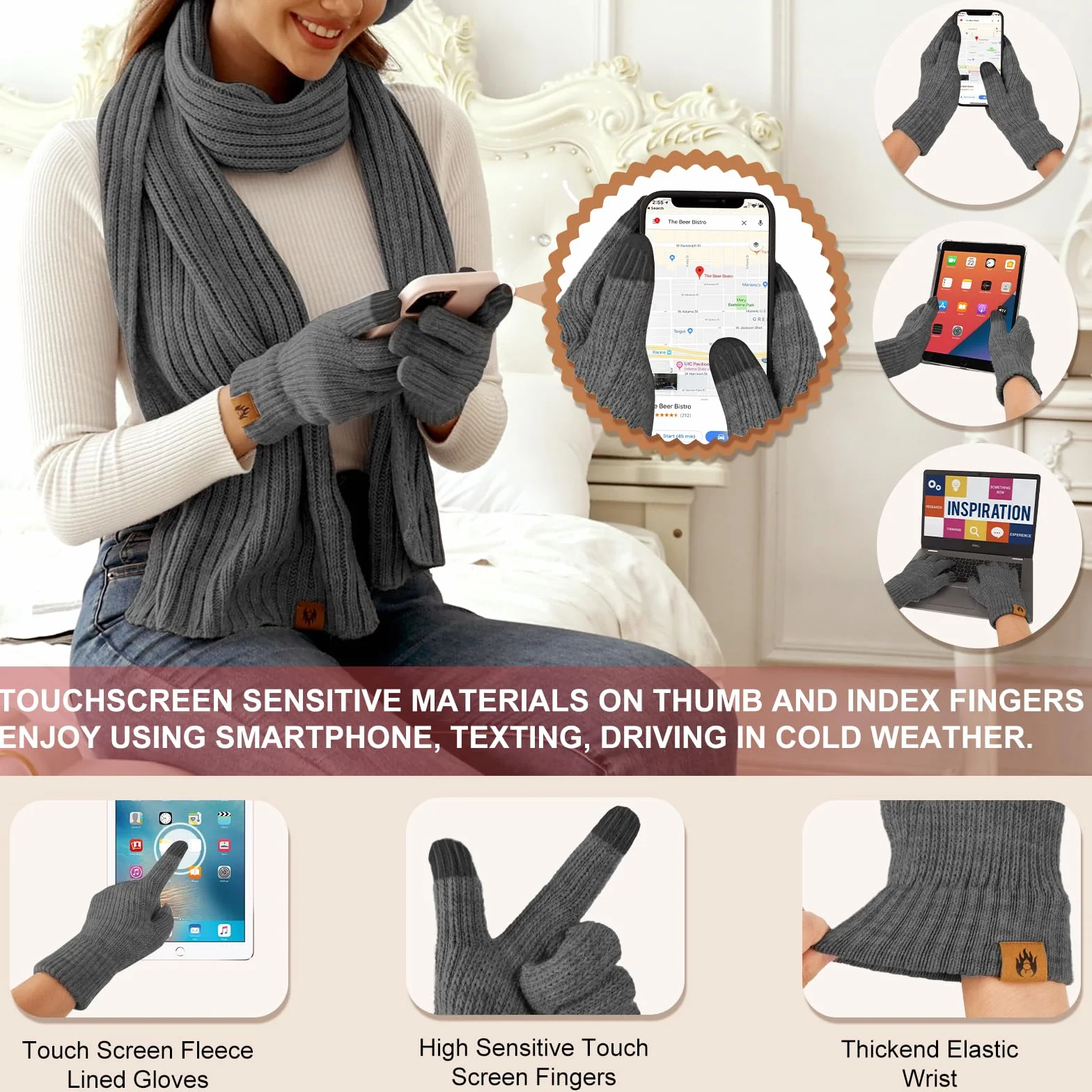 Niwicee Dzianinowa czapka i szalik zestaw 5 szt. zestaw wycieczek narciarskich zimowe pluszowe ogrzewacze uszu, ciepły długi szalik, czapka beanie i rękawiczki do ekranu dotykowego, zestaw damskich