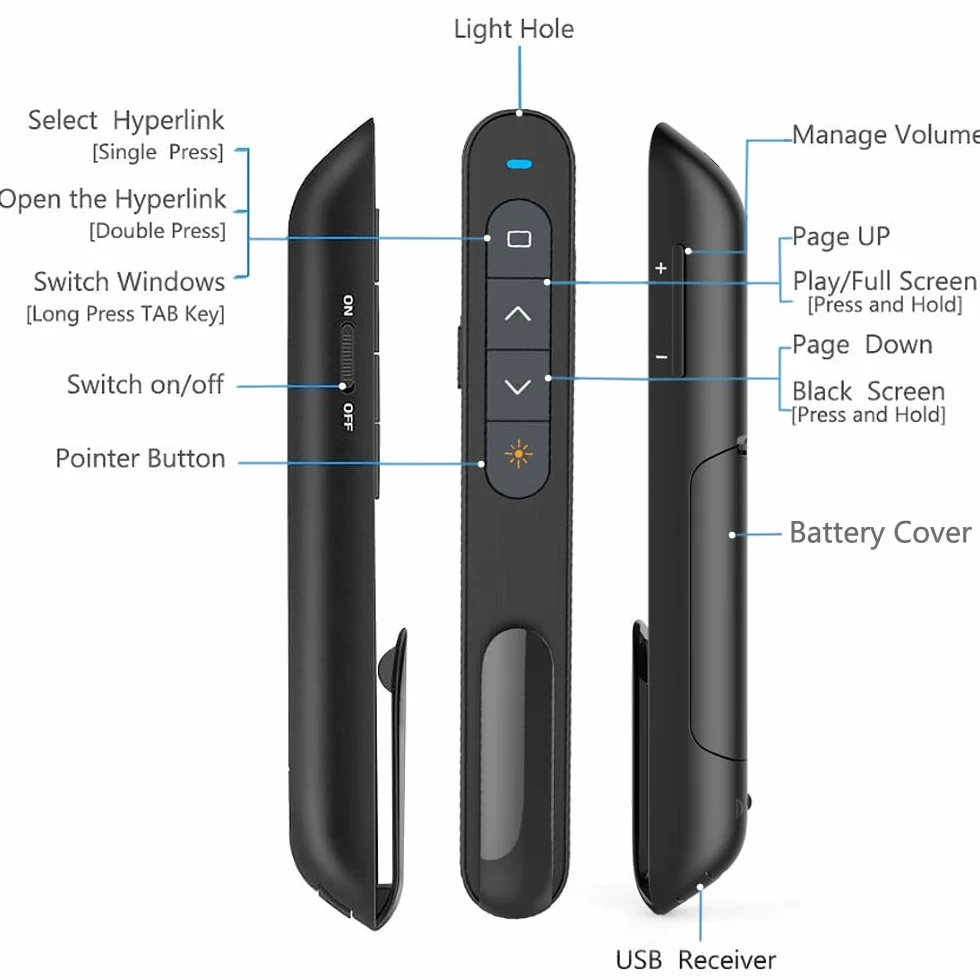 Clicker do prezentacji dla pilota programu PowerPoint, głośność hiperłącza bezprzewodowy prezenter zdalny wskaźnik prezentacji, zdalny przycisk prezentacji USB Slide Advancer PPT Clicker dla laptopa