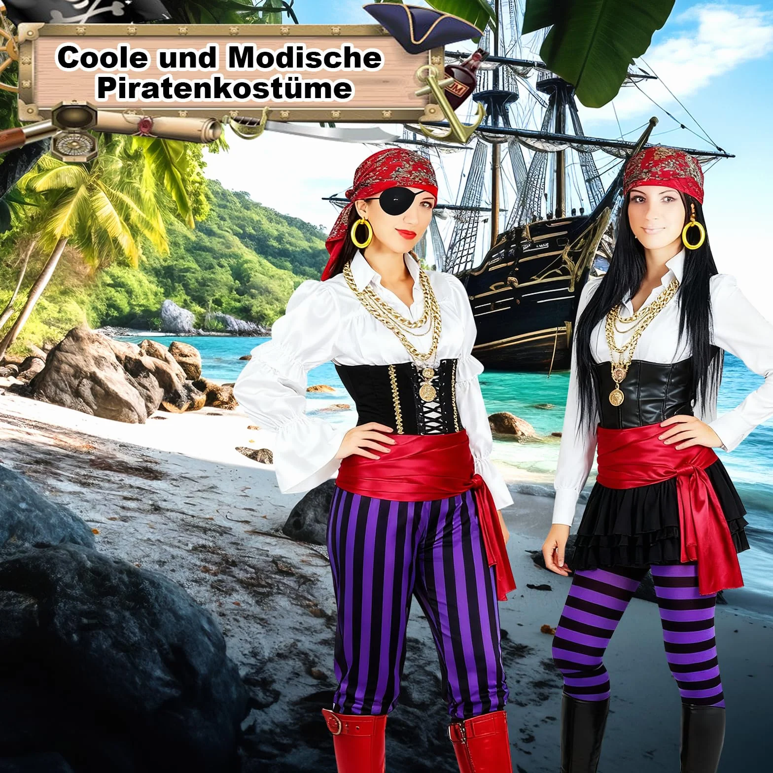 GOLDGE 7 sztuk damskich akcesoriów do kostiumu pirata, kostium pirata, akcesoria pirackie z piracką chustą, paskiem w talii, naszyjnikiem, bransoletkami, maską na oczy, kolczykami na karnawał