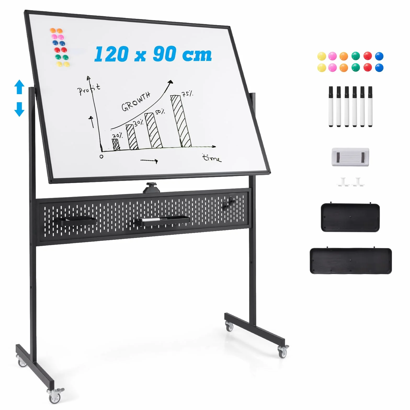 GOPLUS Dwustronna tablica suchościeralna ze stojakiem 120 x 90 cm, z regulacją wysokości, zmywalna na sucho, magnetyczna tablica suchościeralna z zestawem akcesoriów do biura, klasy i domu (czarna)