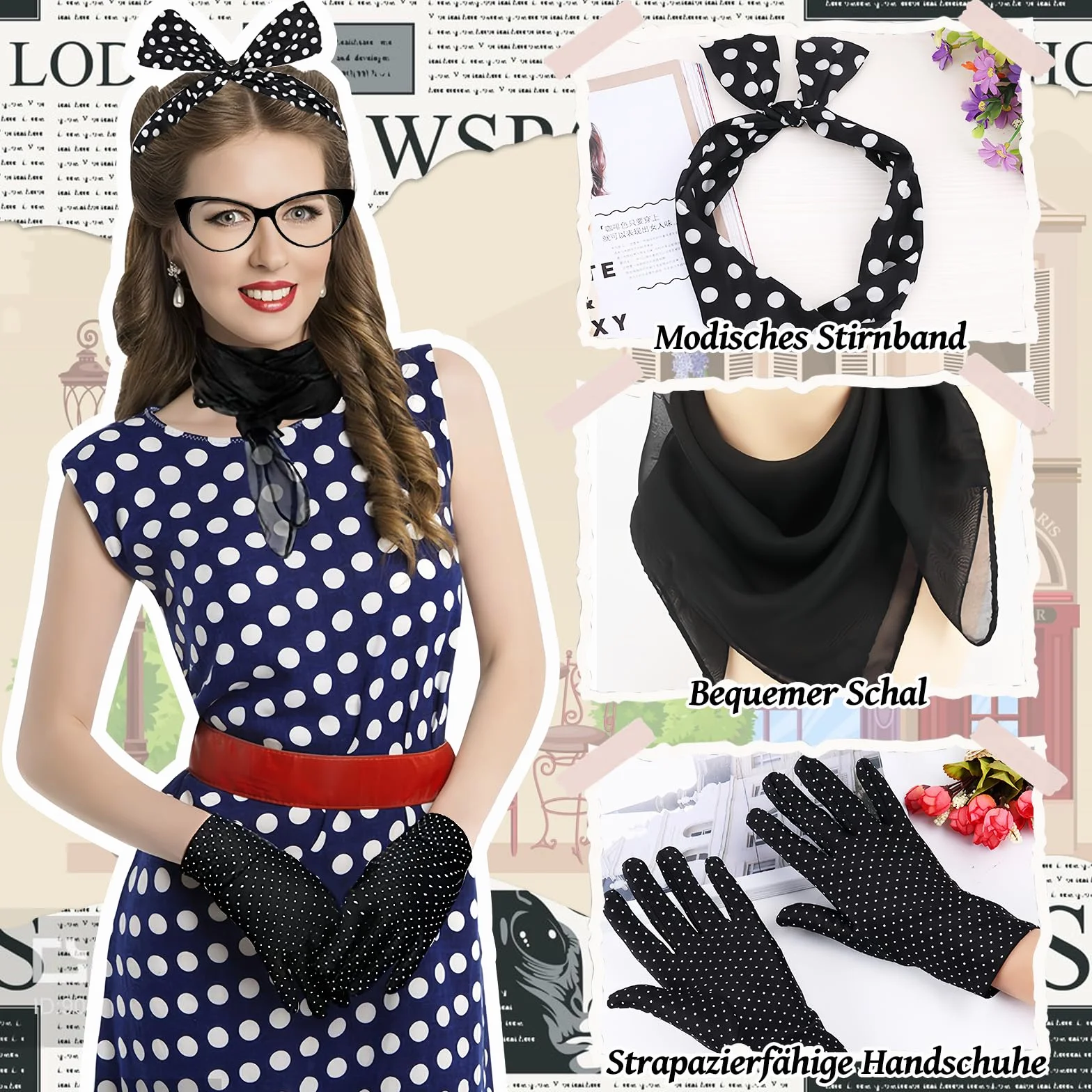 Grantop Akcesoria damskie w stylu lat 50. XX wieku, 12-częściowy zestaw akcesoriów damskich w stylu rockabilly z lat 50., retro akcesoria do kostiumu z szyfonowym szalikiem, rękawiczkami, opaską na
