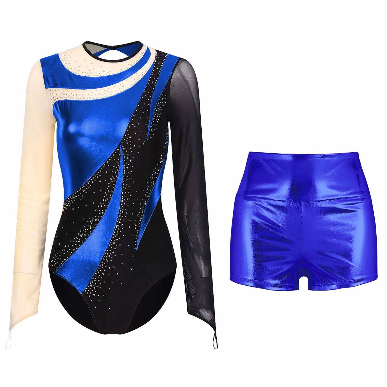 Freebily Damskie body gimnastyczne z szortami Rhinestone Ballet Leotards z długim rękawem bale baletowe baletowe błyszczące body do jazdy na łyżwach