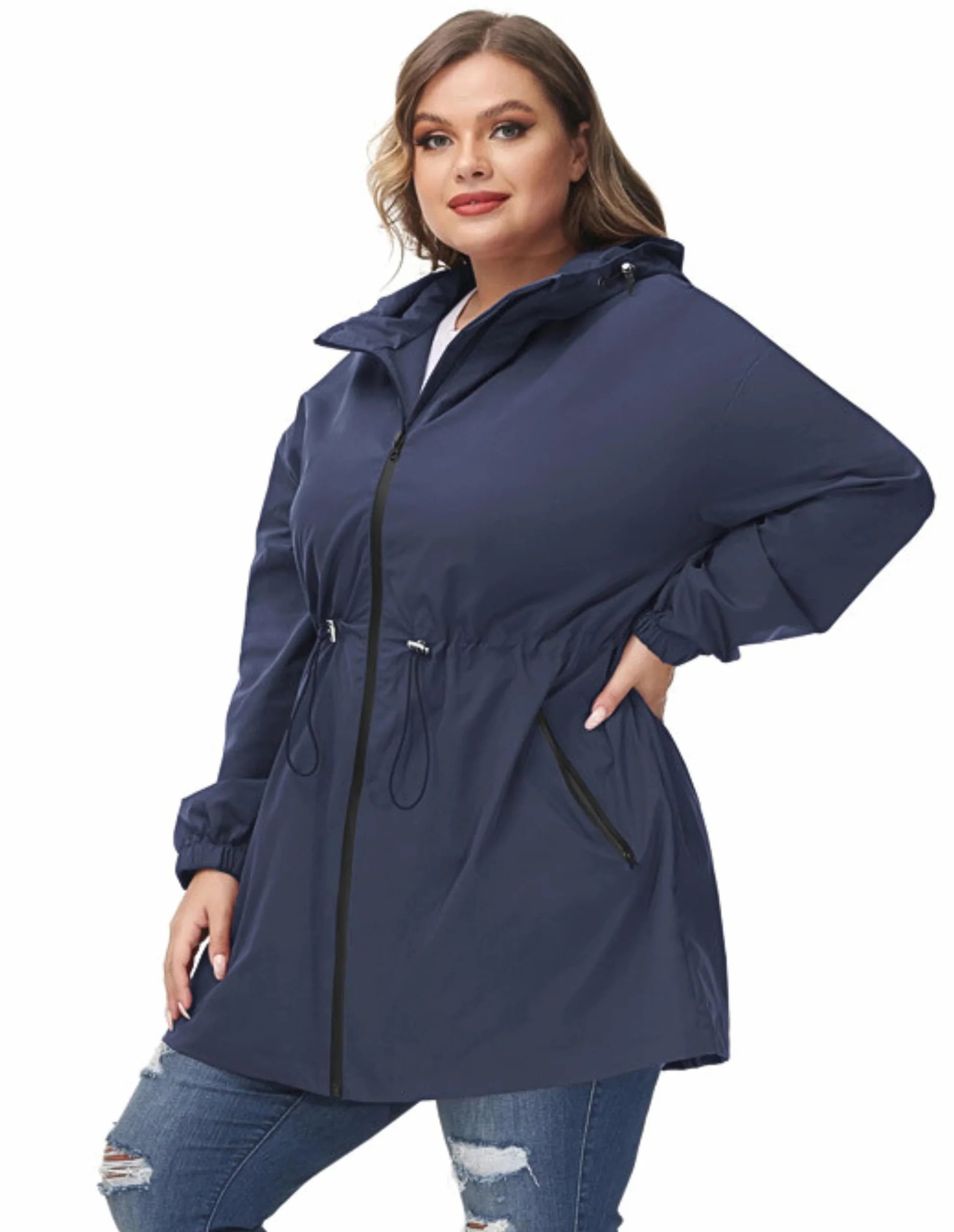 Hanna Nikole Damski płaszcz przeciwdeszczowy z kapturem plus size kurtka outdoorowa wodoodporna wiatrówka