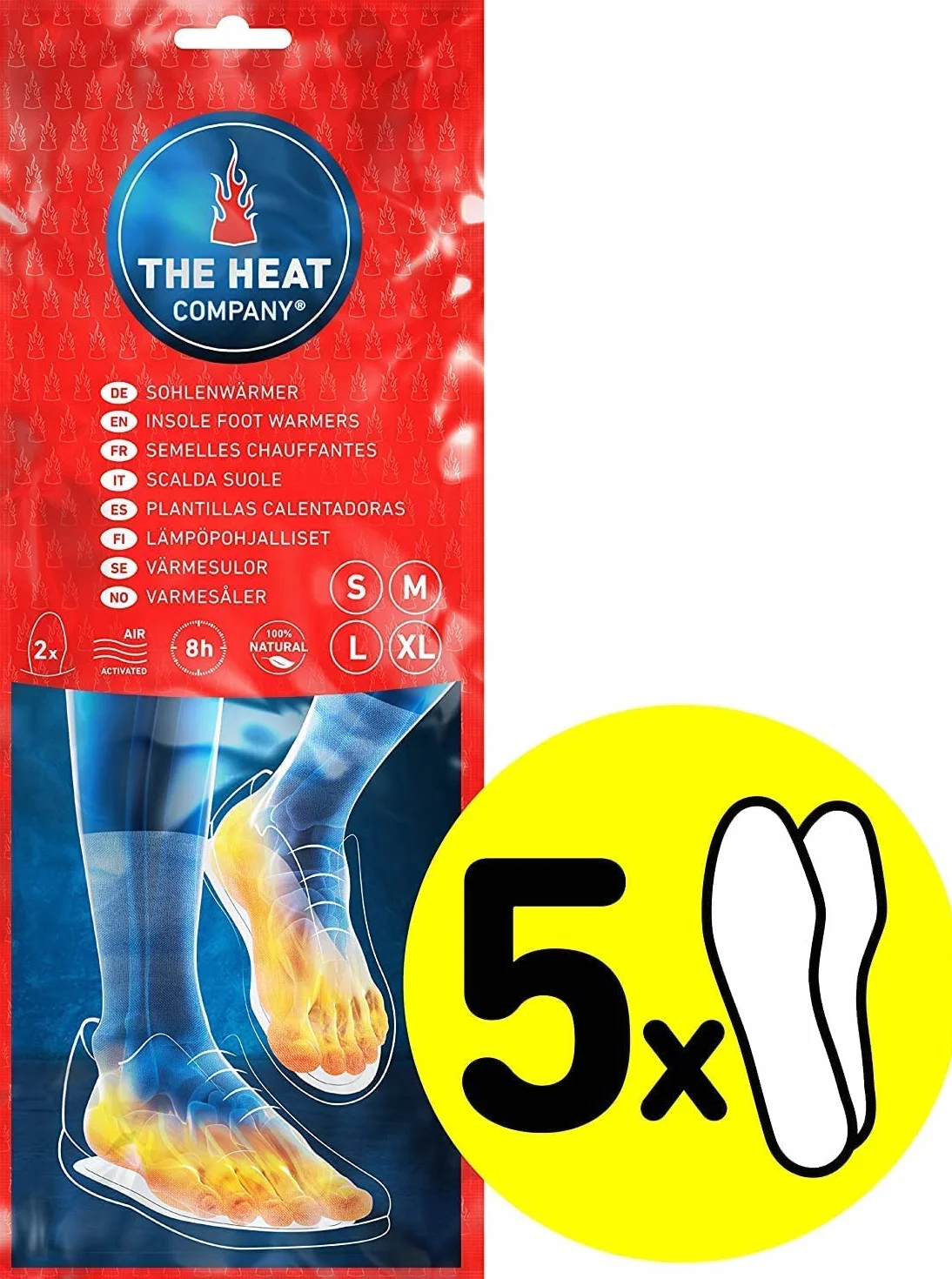 THE HEAT COMPANY ocieplacze do butów, 5 lub 30 par, bardzo ciepłe, ogrzewające wkładki do stóp, ocieplacze do stóp, ciepłe stopy przez 8 godzin, natychmiast gotowe do użycia, aktywowane przez powietrze, w pełni naturalne, rozmiar S, M, L, XL