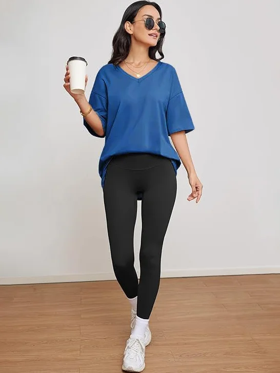 Haibang Koszulka Damska Oversize z Krótkim Rękawem Dekolt w Serek Letnie Topy Luźna Bawełna Casual Klasyczny Top Basic Tee Shirt Jednolity Kolor Bluzka z Szerokim Ramieniem