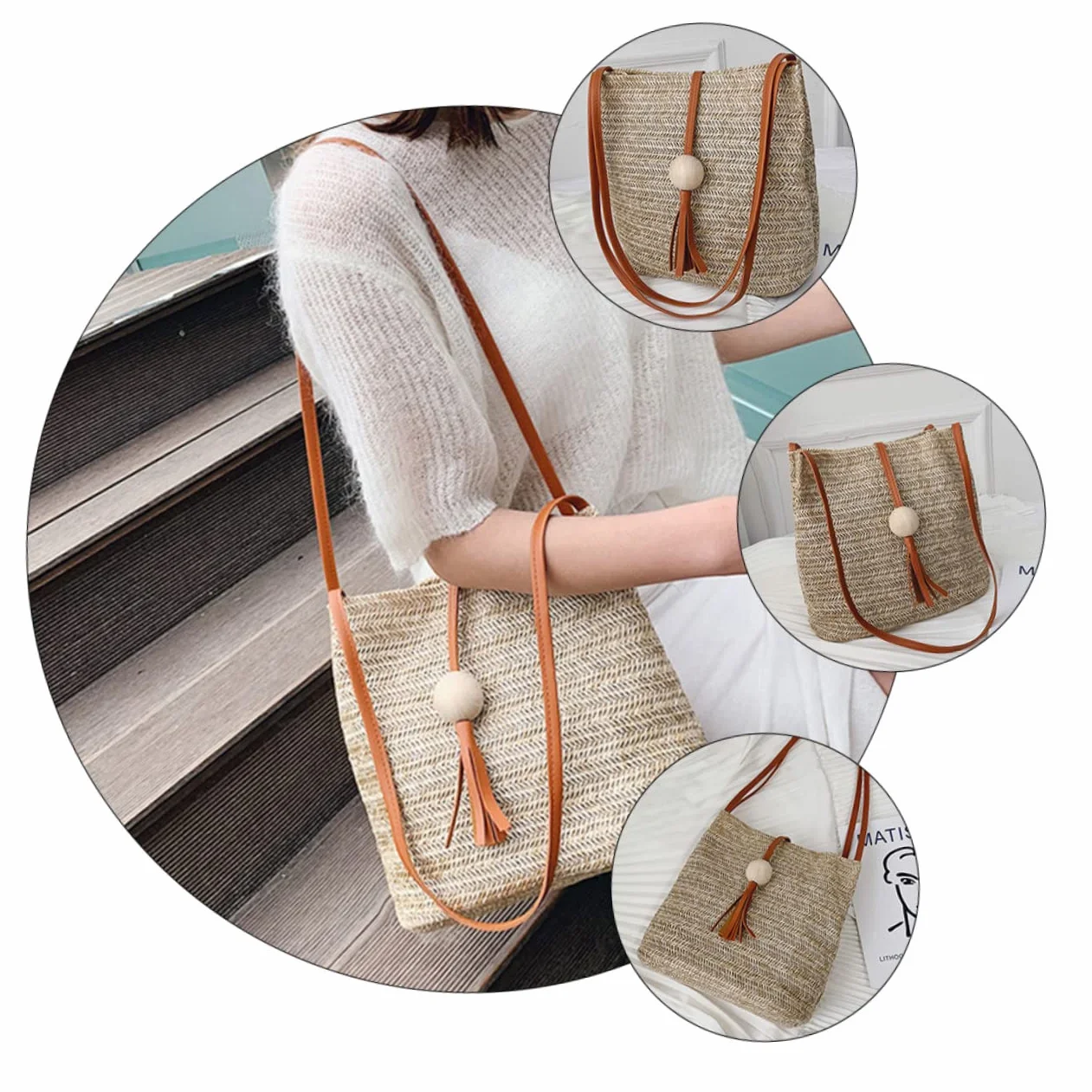 Holibanna 1kawałek Torba Wodoodporna Wykonana z Trawy Włóknistej Lato Dla Kobiet Stylowy Koszyk Kolorze Brązowym Przenośny Model Bucket Bag Do Codziennych Stylizacji