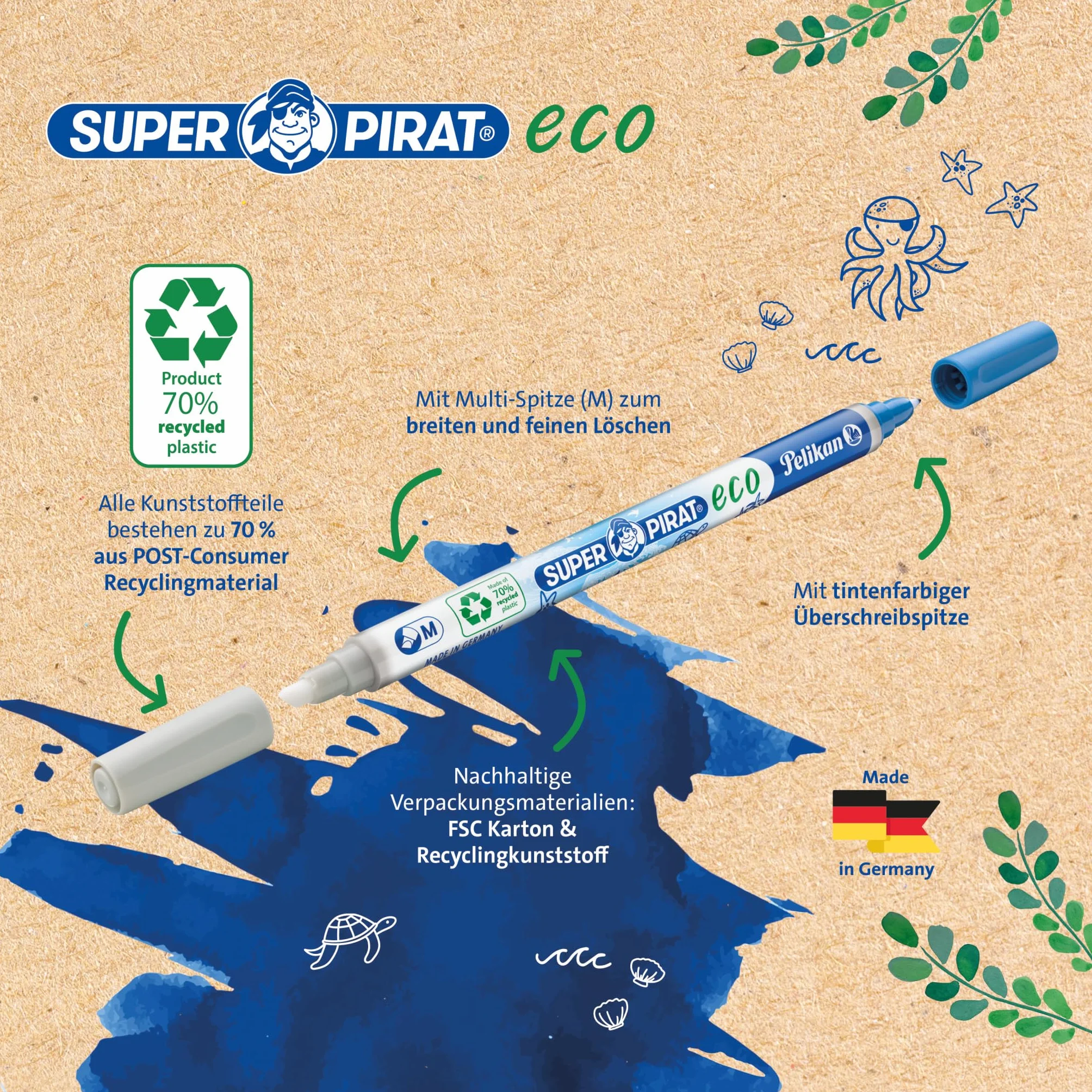 Pelikan® Super Pirat Eco 850M Korektor do pióra atramentu 2 sztuki 2w1 Pisak Długopis | Zmazik Wymazywacz Zmazywacz | Do Szkoły Biura Na studia | Szybkie poprawianie błędów Korekta | Dla Uczniów