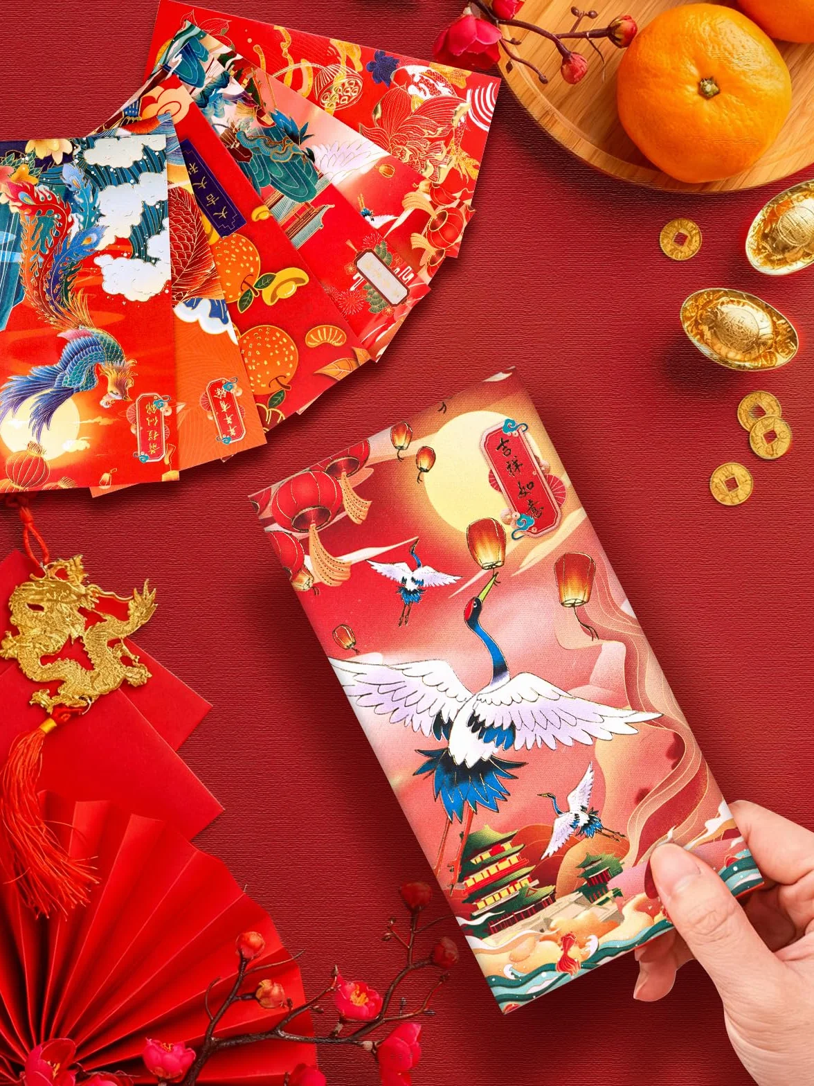 Kalolary Chiński Nowy Rok Czerwona Koperta Szczęście Hong Bao Chiński Styl Brązujący Wzór Tradycyjne Czerwone Kieszenie na pieniądze na Święto Wiosny, Urodziny i Ślub (60)