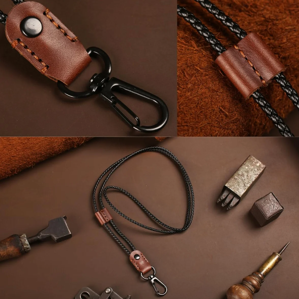 Regulowana smycz na szyję, skórzane smycze Aolaso z mocnym metalowym klipsem na identyfikator, uchwyt na kartę / telefon komórkowy / mini notebook / smycz na klucze dla kobiet i mężczyzn (ciemnobrązowa)