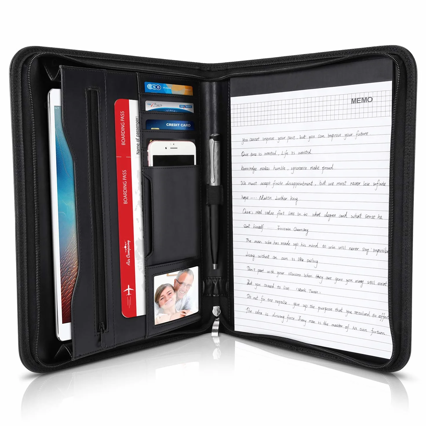LOETAD Teczka konferencyjna A4 teczka konferencyjna teczka na dokumenty ze skóry ze stabilnym zamkiem błyskawicznym, w zestawie notatnik A4