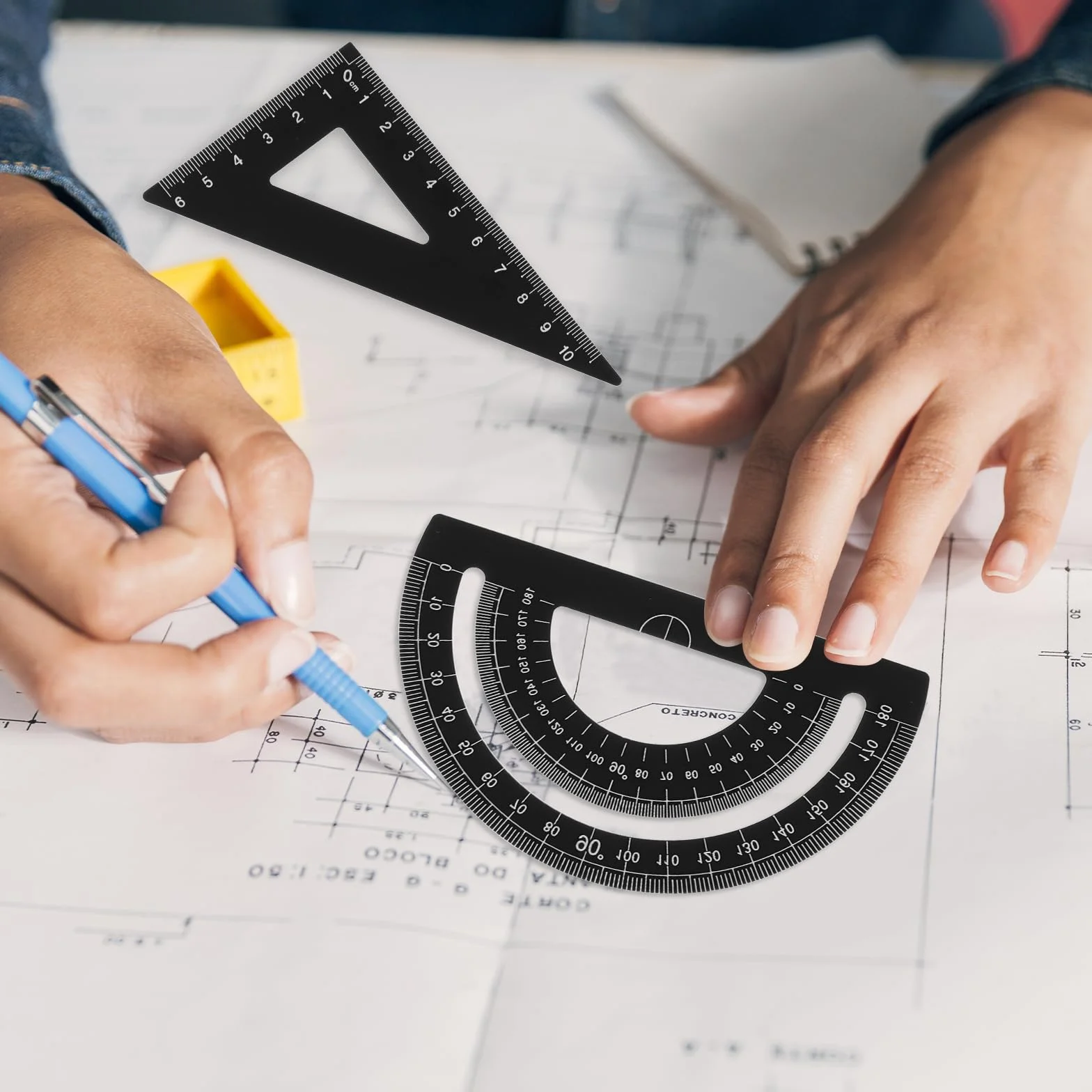 Zestaw linijki trójkątnej Telooco z kątomierzem aluminiowym, 4 sztuki, linijka architektoniczna, zestaw matematyczny do geometrii dla studentów, biuro, inżynierów, rysowników, geometria, kolor czarny