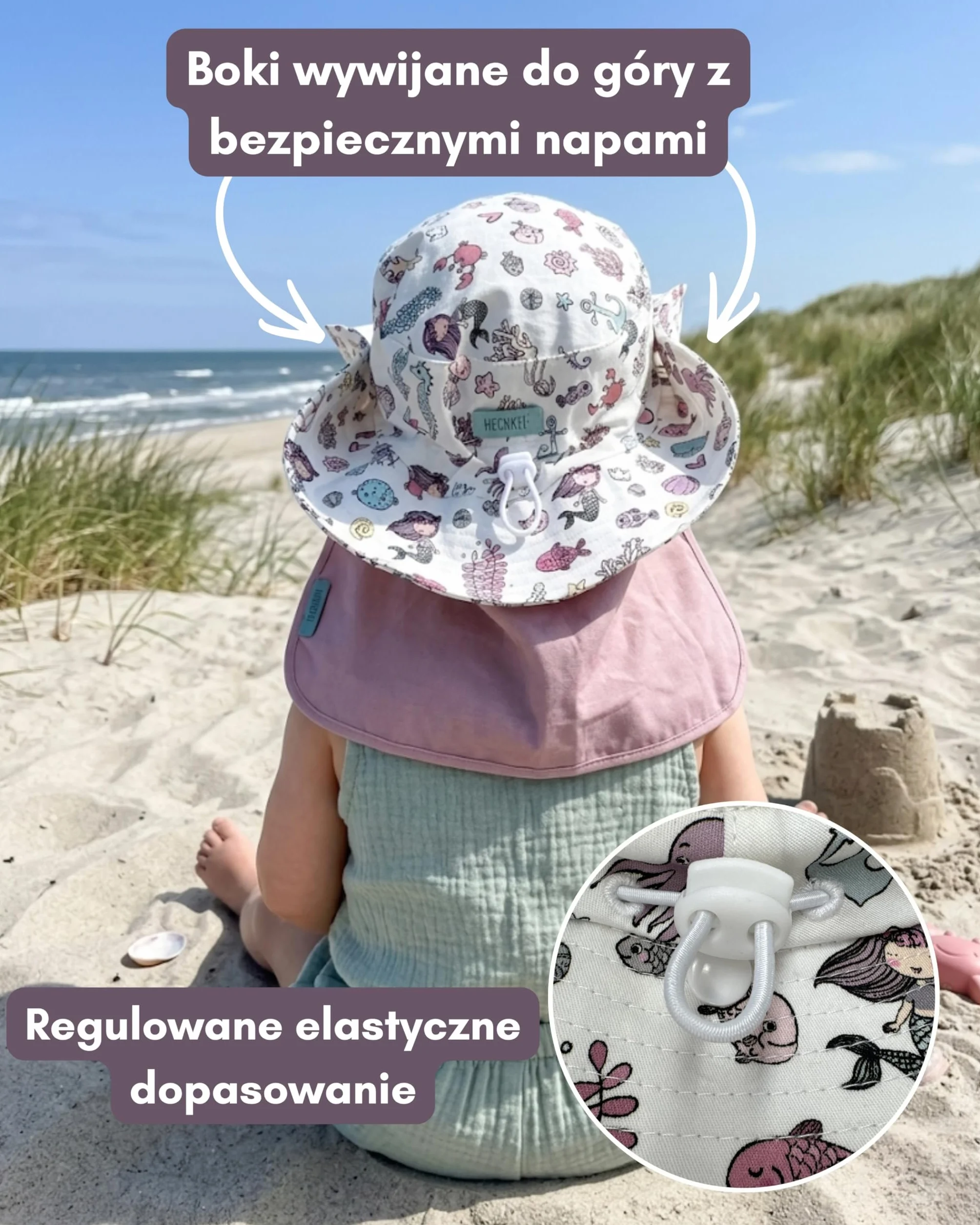 HECKBO Kapelusz przeciwsłoneczny dla malucha z ochroną UPF 50+ - Wysokiej jakości bawełna, dinozaur syrenka - 6-24 miesięcy