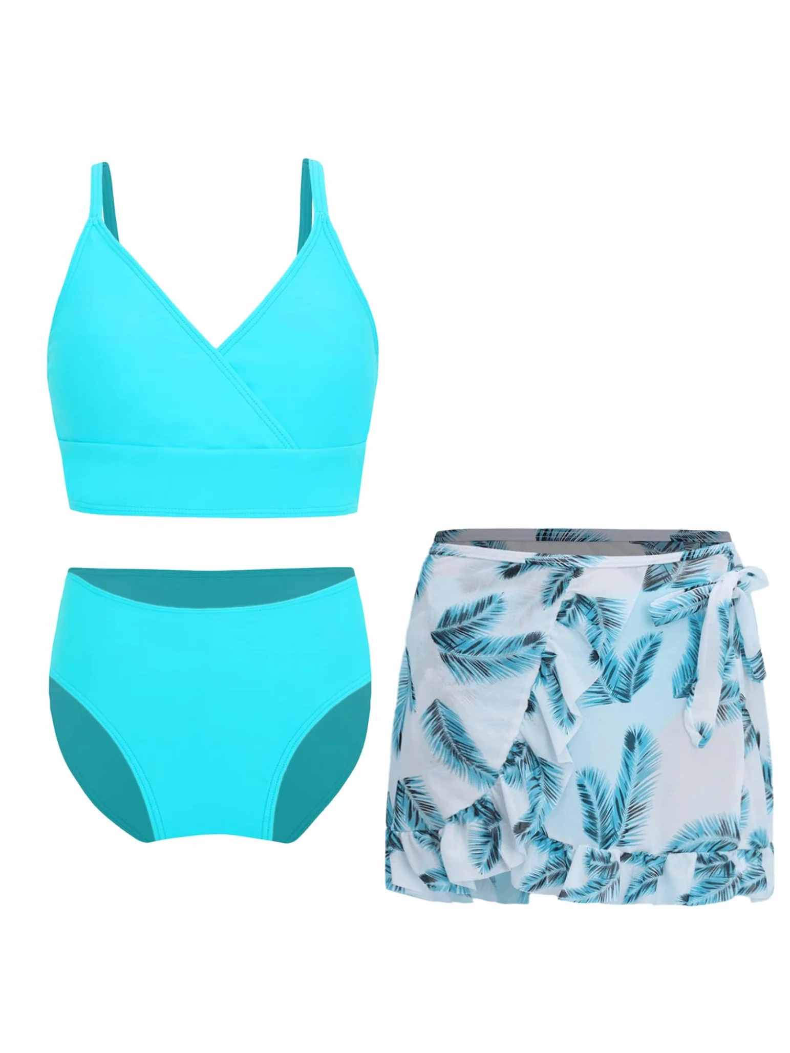 Dziewczęce bikini zestaw 3-częściowy kostium kąpielowy ze spódnicą, bikini, topy, nadruk kwiatowy, bikini, moda kąpielowa, na lato, strój kąpielowy