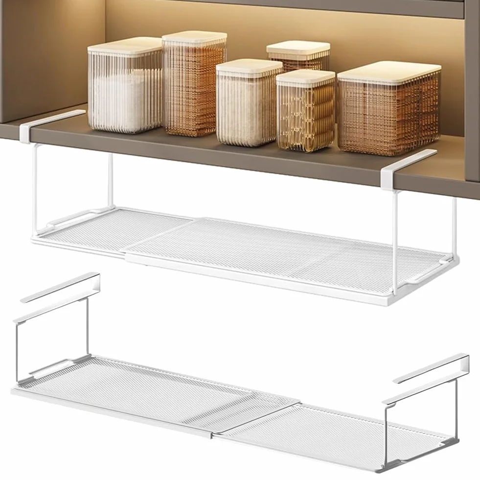 Kosz wiszący z metalu z regulacją 38-70 cm, wysuwany kosz pod regałem, regał wiszący, organizer do szafek kuchennych, spiżarni i szaf na ubrania (biały)
