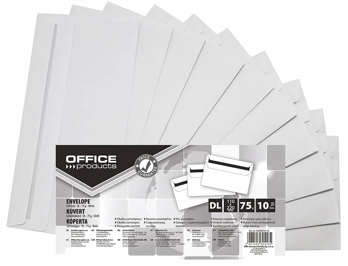 Koperty Samoklejące OFFICE PRODUCTS SK DL 110x220mm 75gsm 10szt Białe/Koperty i Akcesoria do Wysyłek/Typ-Samoklejące/Rodzaj-SK/Kolor-Biały/Gramatura (g/m2)-75 / Wymiary (mm)-110x220