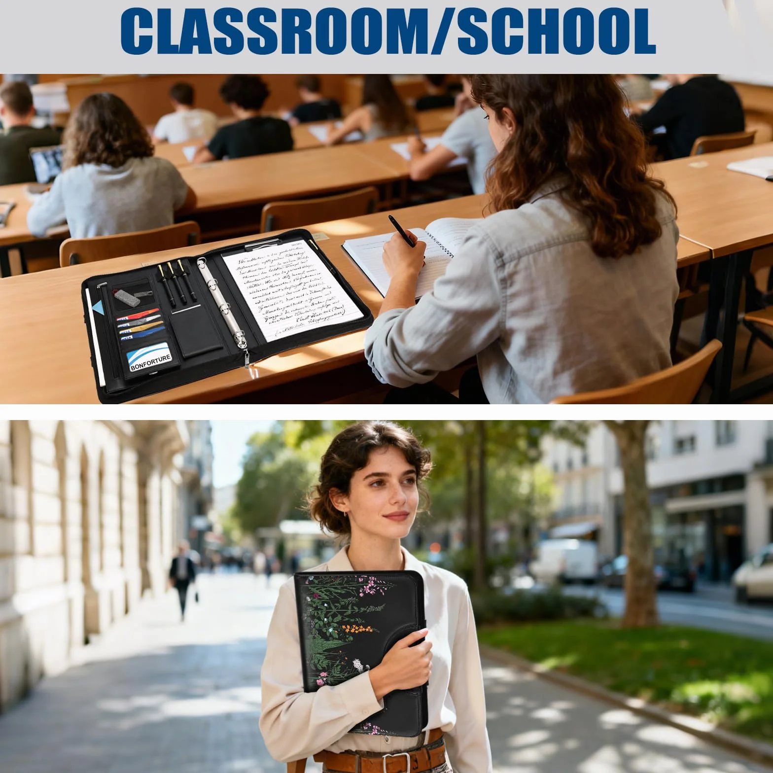 Teczka teczka A4 z magnetycznym uchwytem, wegańska skórzana teczka konferencyjna na zamek błyskawiczny, 4 pierścienie, wiele kieszeni, na dokumenty, do pracy, podróży, biznesu, szkoły