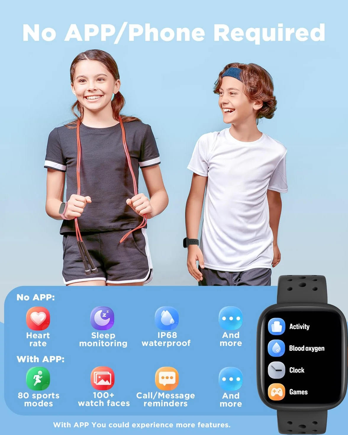 BIGGERFIVE Smartwatch dla dzieci, 1,8" zegarek fitness z krokomierzem, 24/7 pomiar tętna, monitorowanie snu, alarm wibracyjny, klasa wodoszczelności IP68, gry logiczne z/bez aplikacji, dla dziewczynek