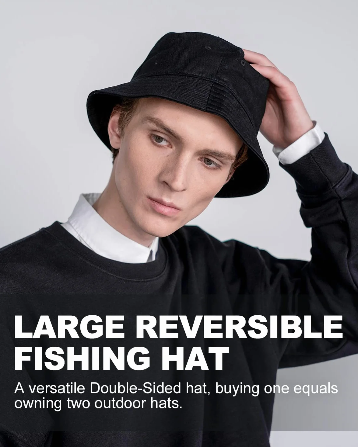 Zylioo XL/XXL kapelusz wędkarski, duży, dwustronny, kapelusz rybacki, bawełna, kapelusz przeciwsłoneczny, kapelusz letni, męski, czarny, na głowę 59-65, Obustronnie czarny, XXL