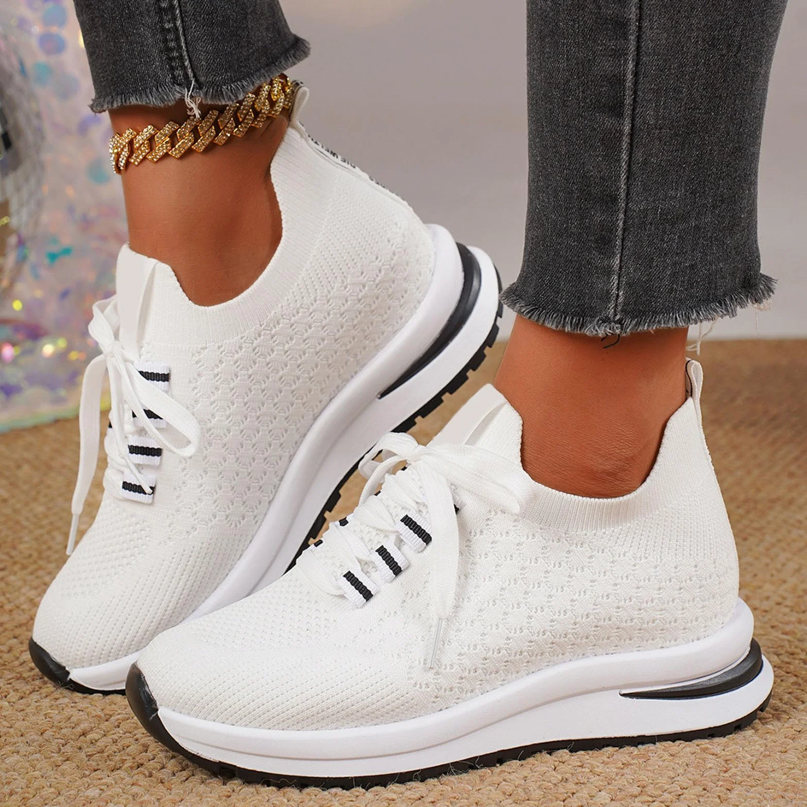 Damskie buty sportowe z tkanej siateczki, oddychające buty na koturnie, gruba podeszwa, duże damskie buty sportowe, buty na platformie