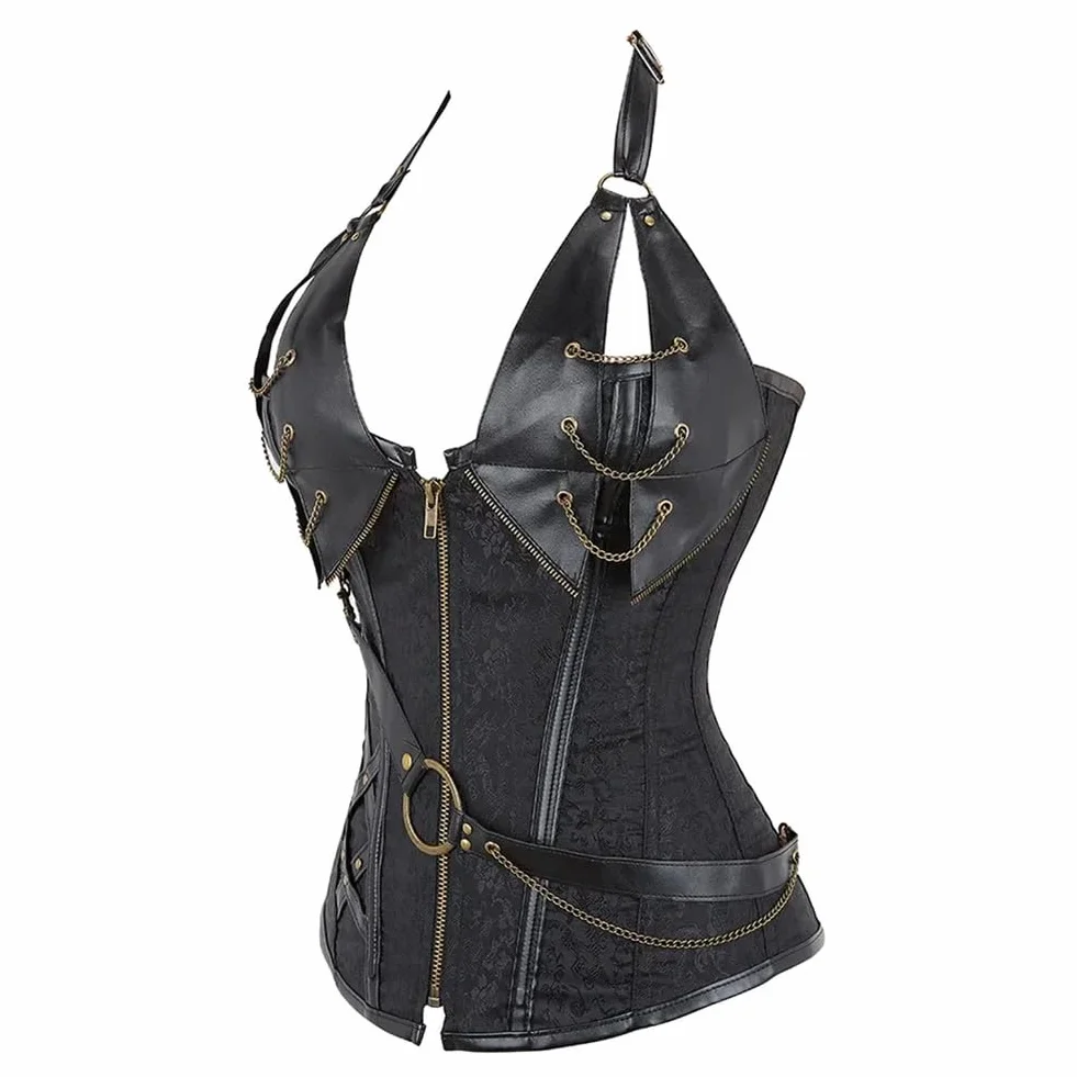 Niiyyjj Damski gorset z ćwiekami ze sztucznej skóry, gorset z łańcuszkami, steampunk, kamizelka modelująca talię, Czerwony, 6XL