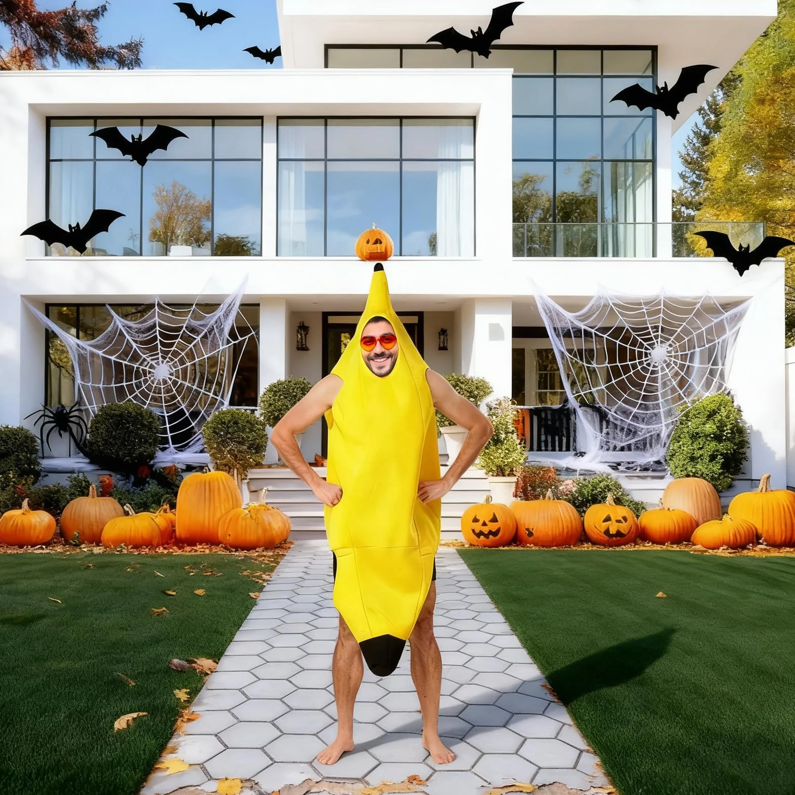 Kostium bananowy dla dorosłych, uniseks, zabawny kostium banana z żółtymi okularami, na karnawał, Halloween i imprezę cosplay, zabawny kostium dla mężczyzn i kobiet, 150-175 cm, kostium