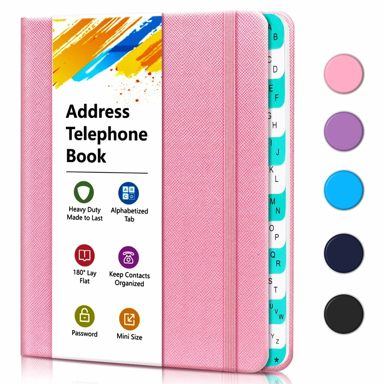Książka adresowa z zakładkami alfabetycznymi, różowa, mała książka adresowa 15,5 x 11,9 cm, informacje kontaktowe obejmują imiona i nazwiska, adres, telefon komórkowy, biuro, adres e-mail