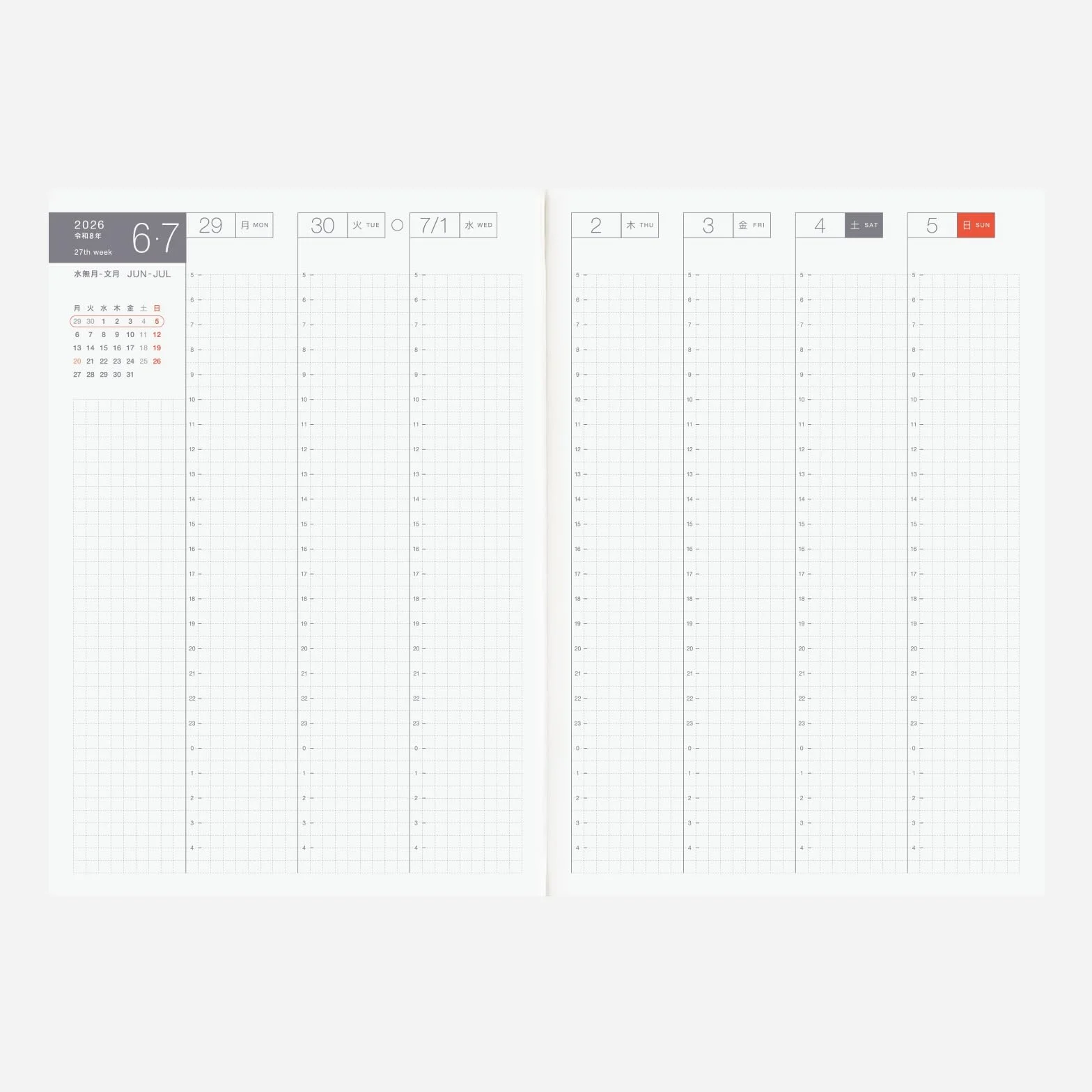 Hobonichi Techo 2026 Cousin Book A5, japoński, dzienny, kwietniowy, początek poniedziałkowy, planer