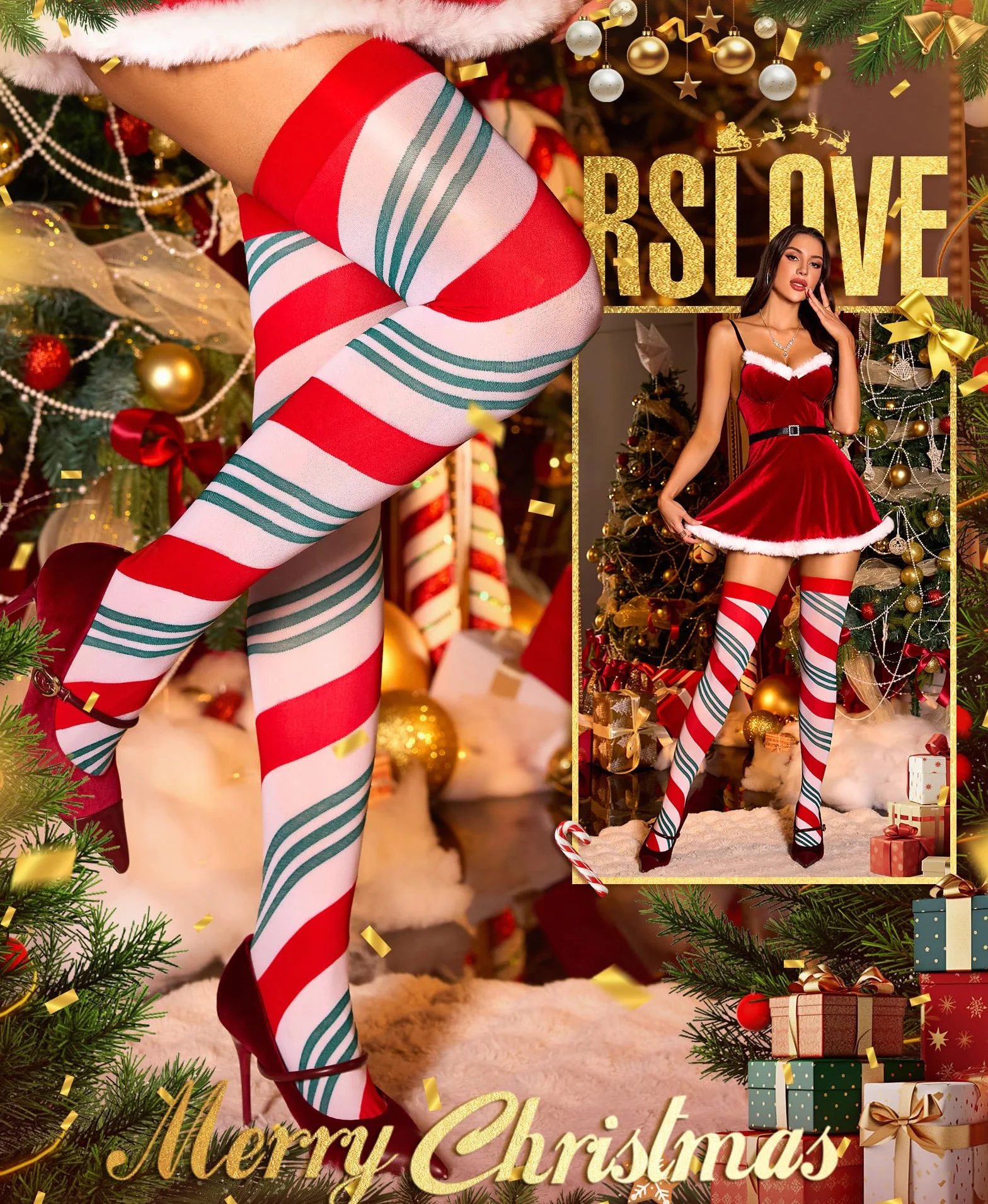 RSLOVE Thigh Highs skarpety bożonarodzeniowe za kolana, damskie rajstopy bożonarodzeniowe, kostium Mikołaja