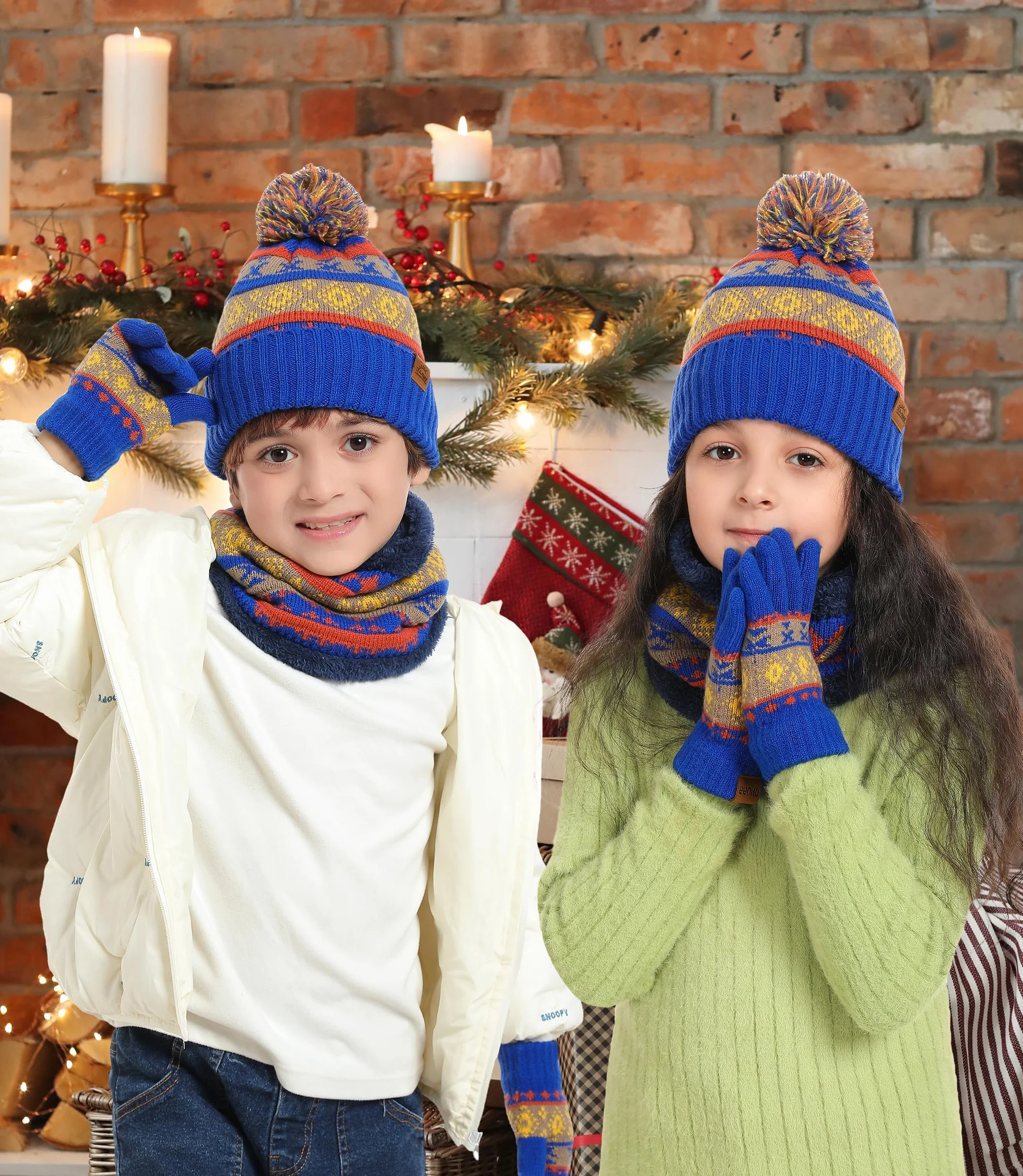 Dziecięca czapka, rękawiczki, szalik, zestaw 4 w 1, dla dziewcząt i chłopców, ciepła czapka beanie, czapka z pomponem, rękawiczki i szal z polarową podszewką, dla dzieci w wieku 3-8 lat