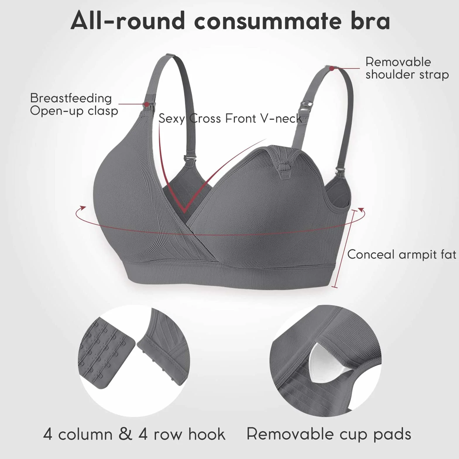 Vinfact Pielęgniarski Biustonosz 3 Pack Bezszwowy V Neck Biustonosz ciążowy Kobiety Karmienie piersią Biustonosz-Czarna skóra szara