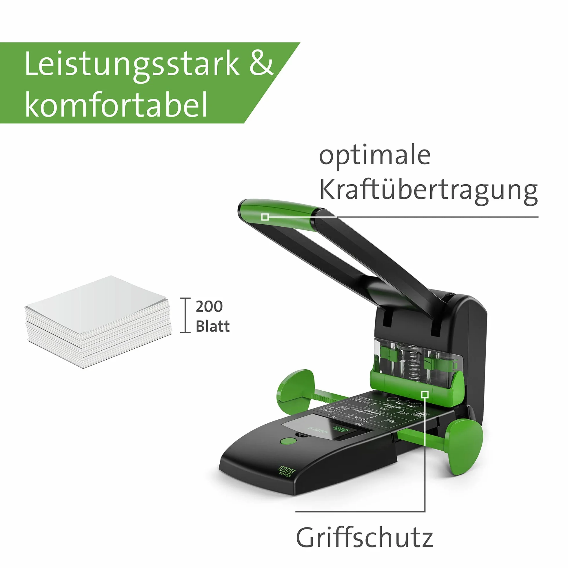 Novus B 2200 re+new Sustainable Block Punch (200 arkuszy, podwójne i poczwórne otwory, urządzenie z litego metalu z powłoką z tworzywa sztucznego wykonane w 78% z tworzywa sztucznego pochodzącego z