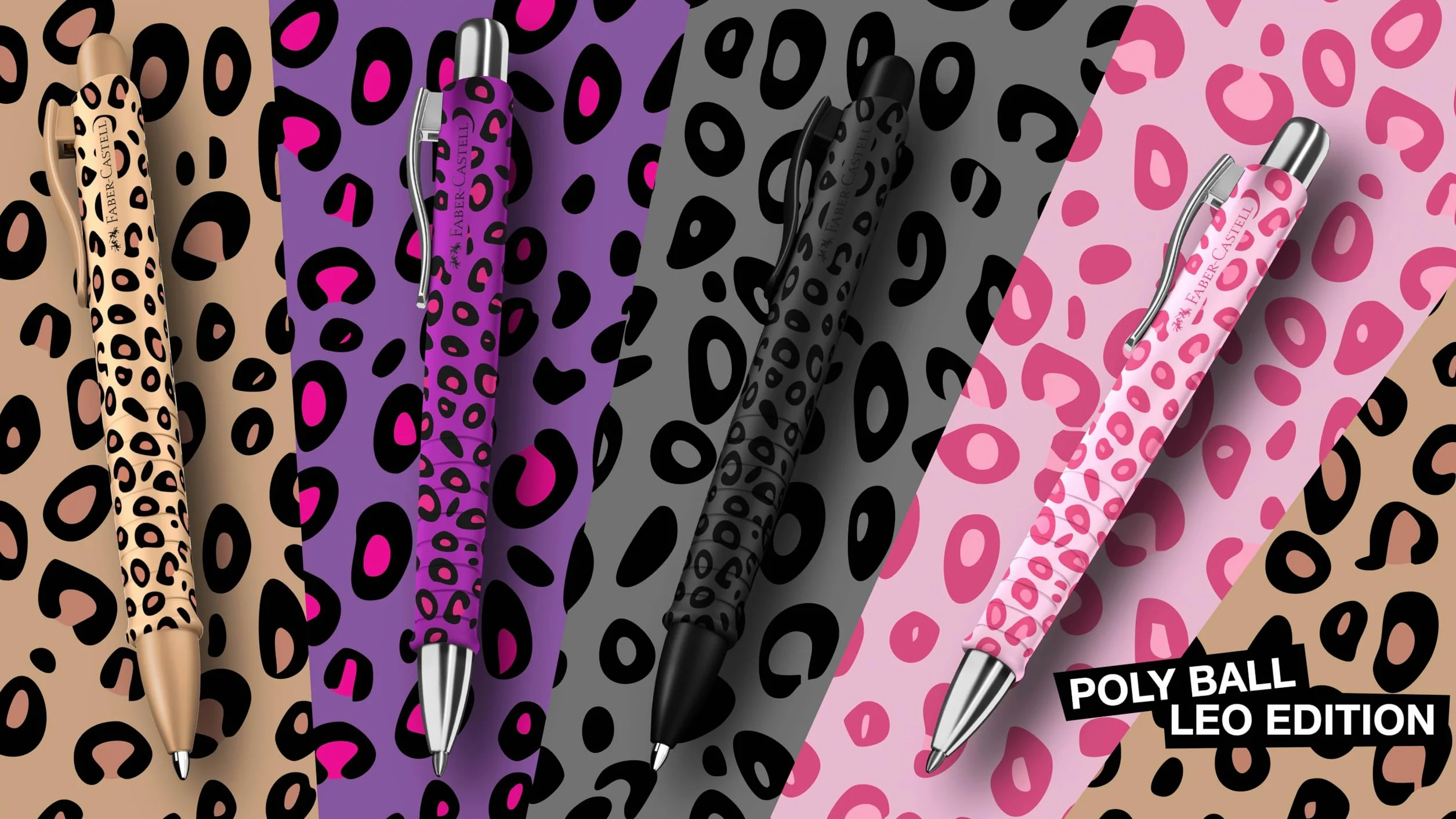 FABER-CASTELL 205293 – długopis Poly Ball, Leo Sugarspots i różowy, 2 sztuki, z wymiennym wkładem XB, odporny na zmywanie