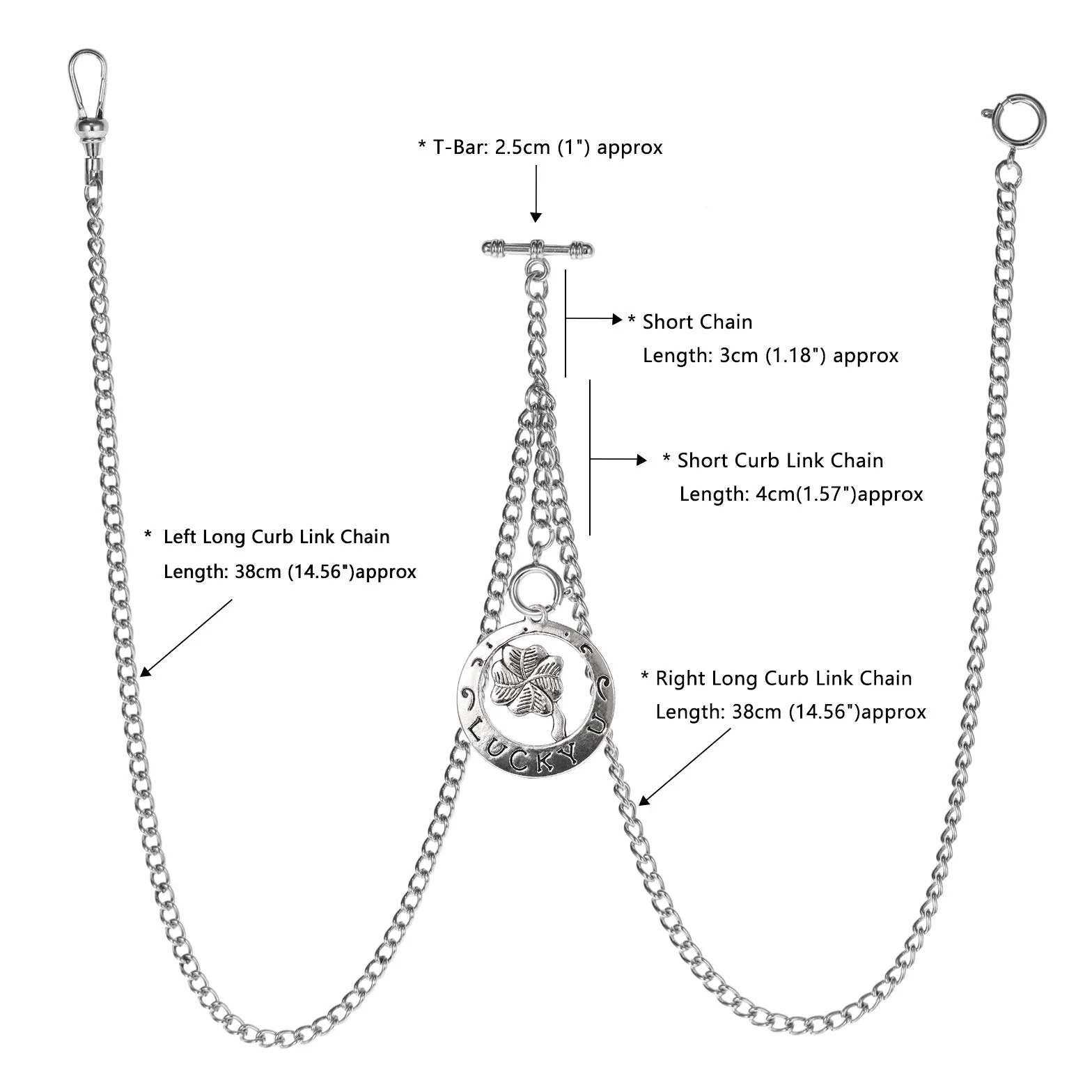 TREEWETO Łańcuszek do zegarka kieszonkowego z końcówką T Bar długość całkowita 72 cm podwójny Albert T-Bar zegarek kieszonkowy łańcuszek z antyczną czterolistną koniczynką i 3 haczykami do kamizelki