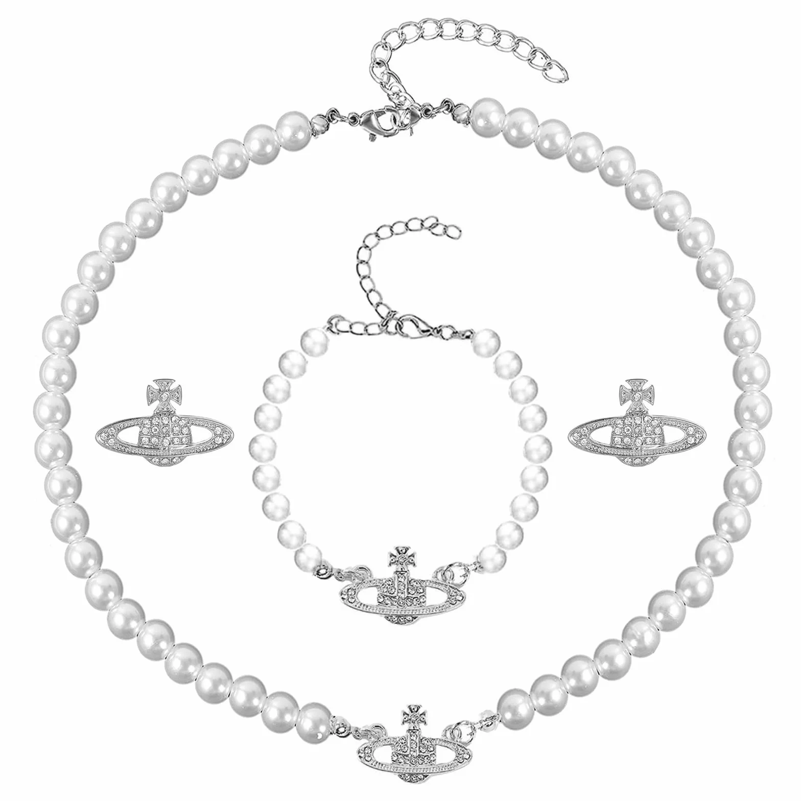 Saturn Choker Naszyjnik ze Sztucznej Perły i Kryształu - Planety, Stras w Kolorze Srebrnym dla Żony, Przyjaciółki, Matki, Córki, M